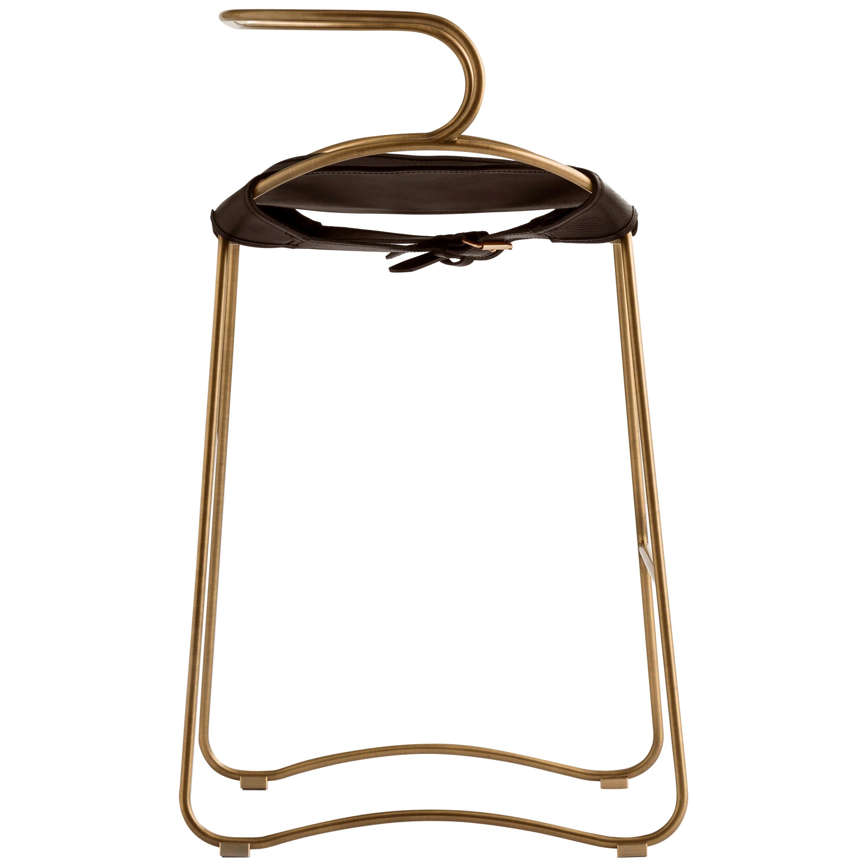 Set of Four Bar Stools in Brass Colored Metal and Brown Leather