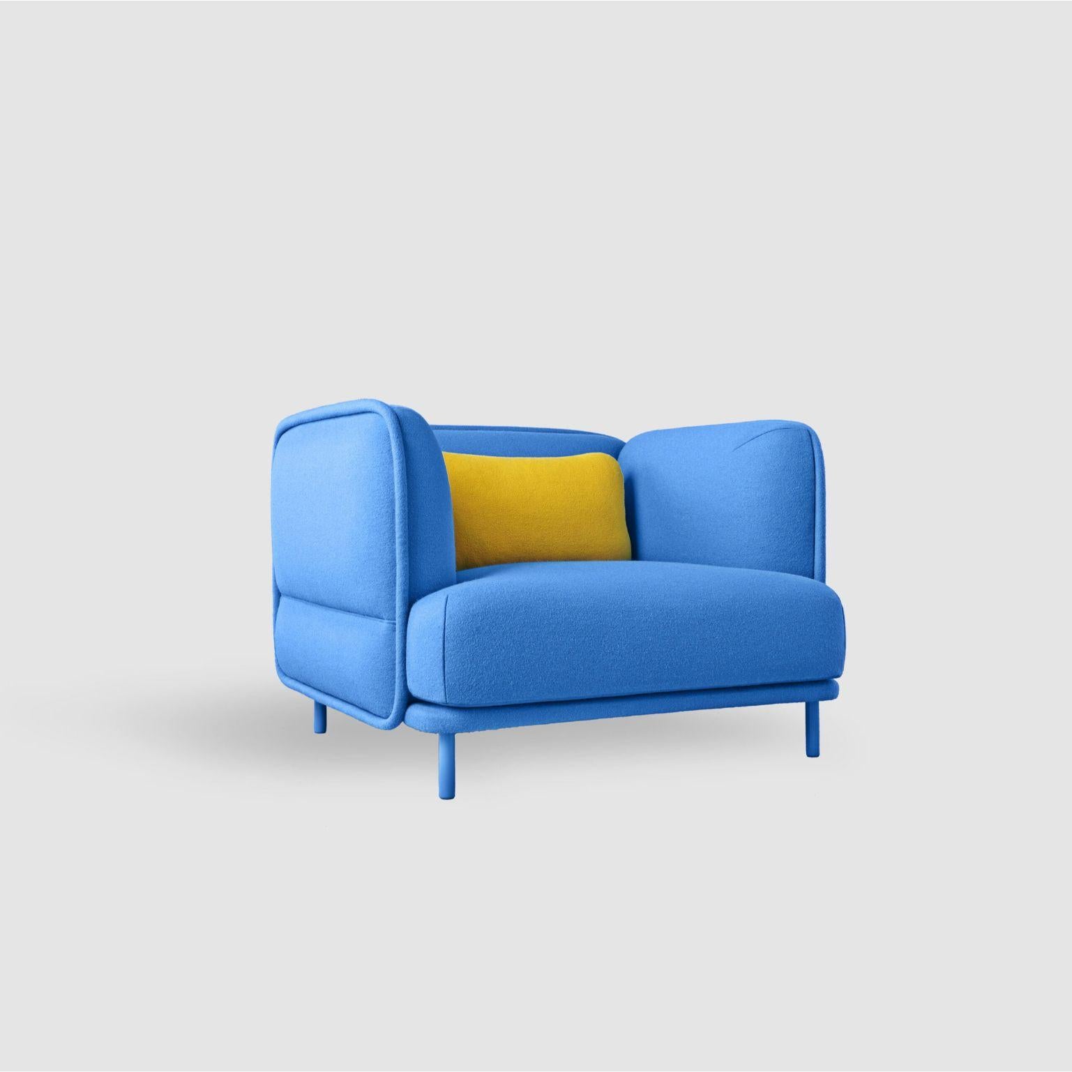 Hug armchair - Blue by Cristian Reyes
Dimensions: W108, D95, H73, Seat 43
Materials: Pine wood structure reinforced with plywood and tablex
Backrest is 50% goose feather and 50% wadding
Foam CMHR (high resilience and flame retardant) for all our