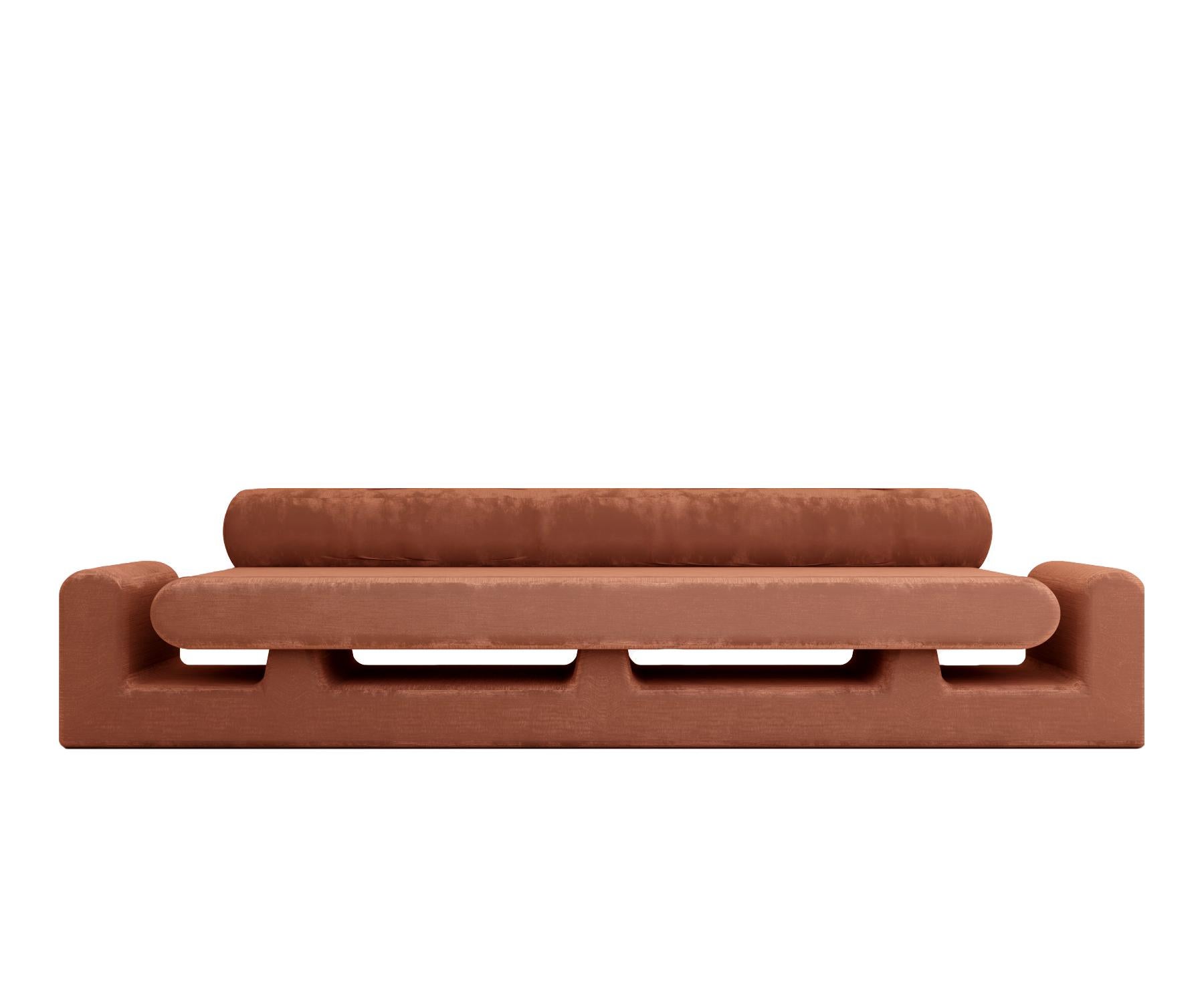 Hug Brown Sofa by Rejo Studio
Dimensions: D 315 x W 95 x H 76 cm
Materials: Wooden structure, with Velvet
Also Available in different colours.

Long comfortable hug. The hug sofa features two welcoming chubby arms and a magical handy space for