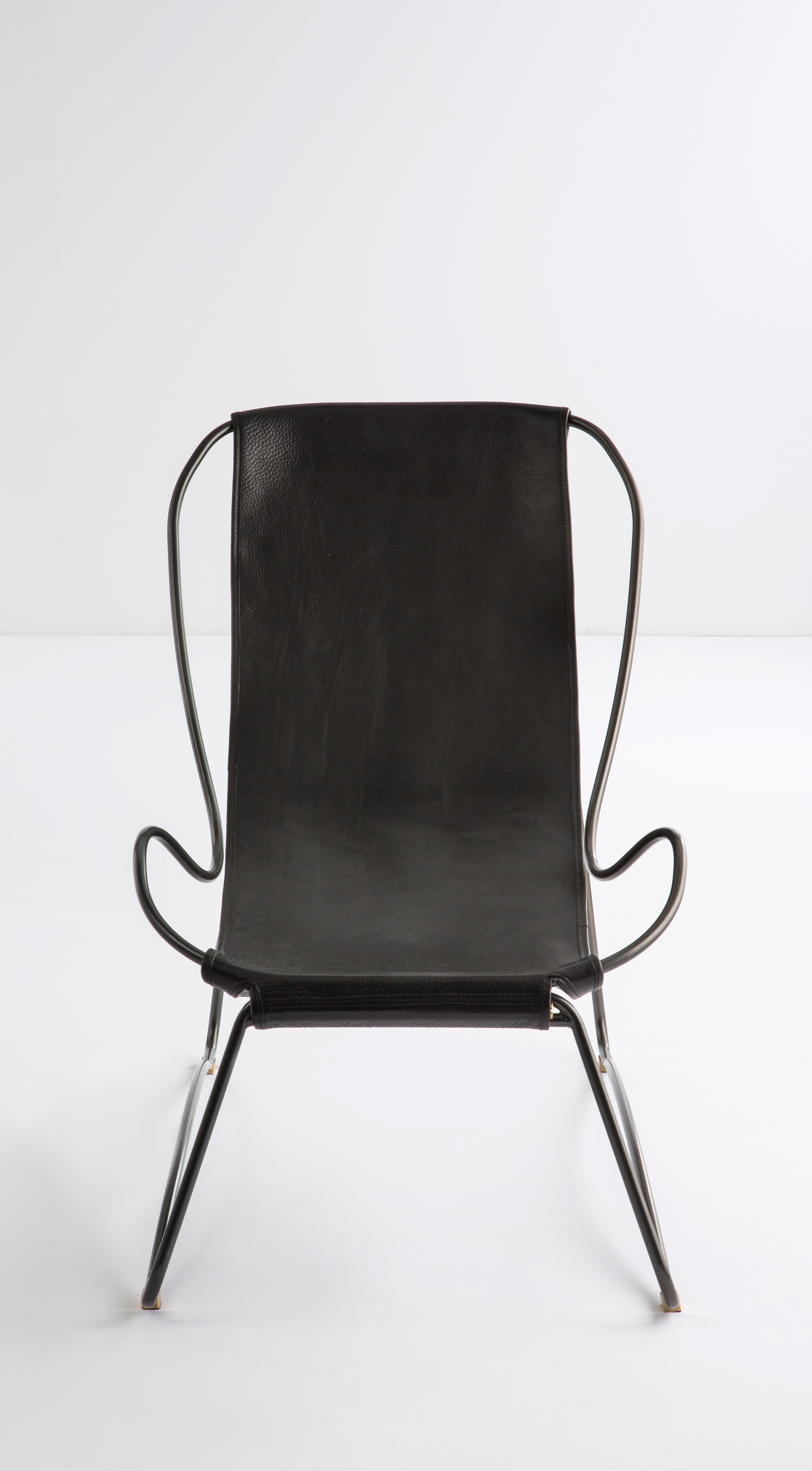 Sculptural Organic Contemporary Chaise Lounge Schwarzes Rauchmetall & Schwarzes Leder  (Moderne) im Angebot