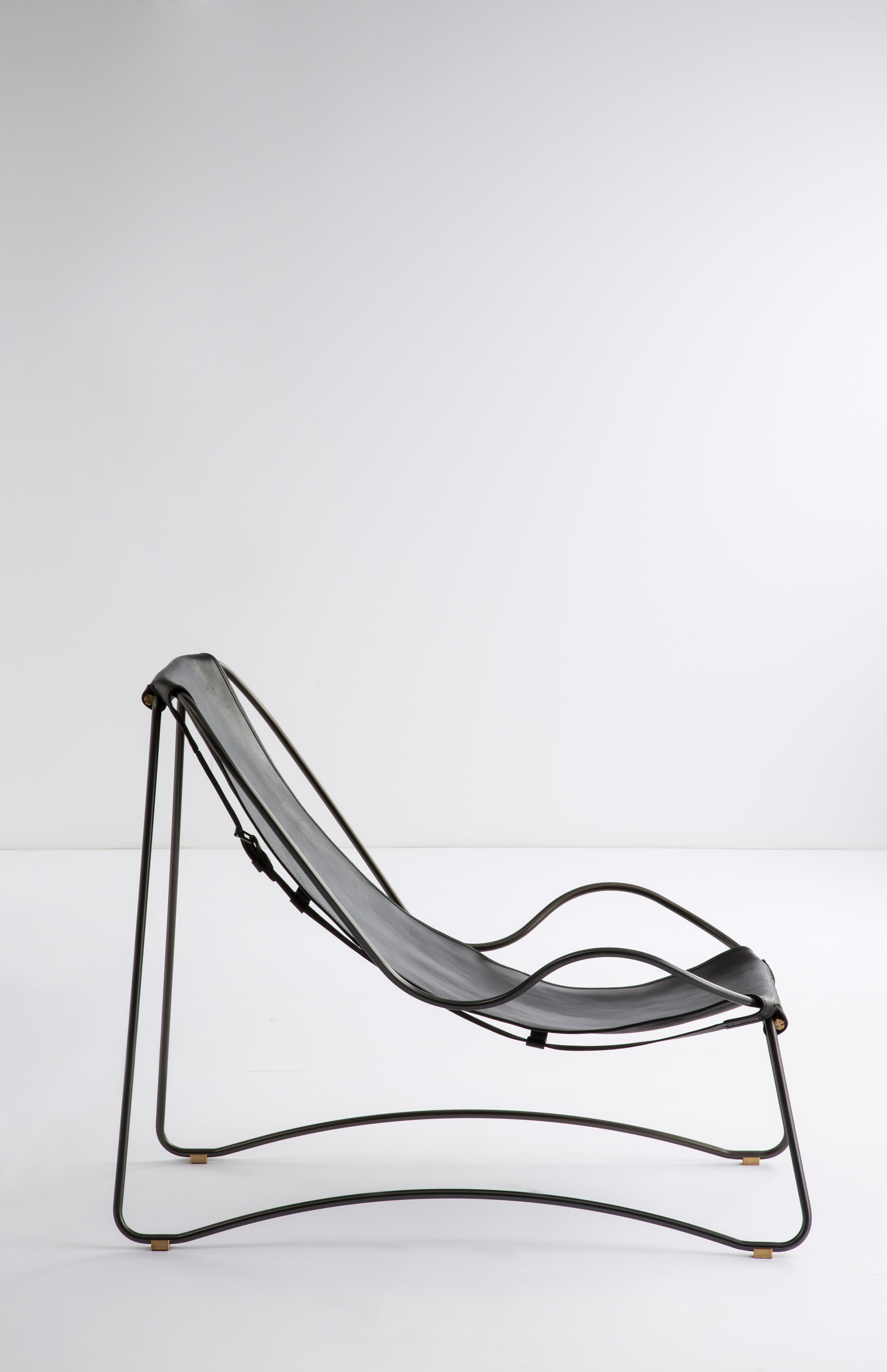 Modern Sculptural Organic Contemporary Chaise Lounge Black Smoke Metal & Black Leather  For Sale