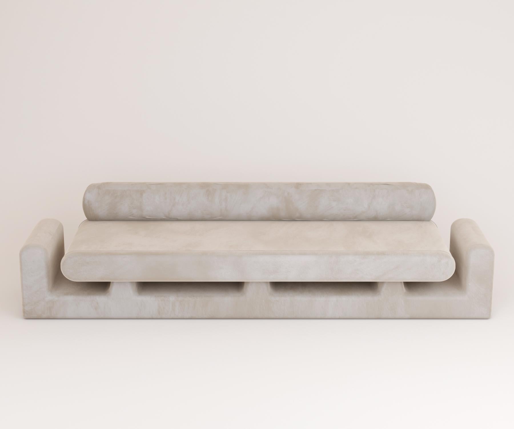 Hug Grey Sofa by Rejo Studio
Dimensions: D 315 x W 95 x H 76 cm
Materials: Wooden structure, with Velvet
Also Available in different colours.

Long comfortable hug. The hug sofa features two welcoming chubby arms and a magical handy space for