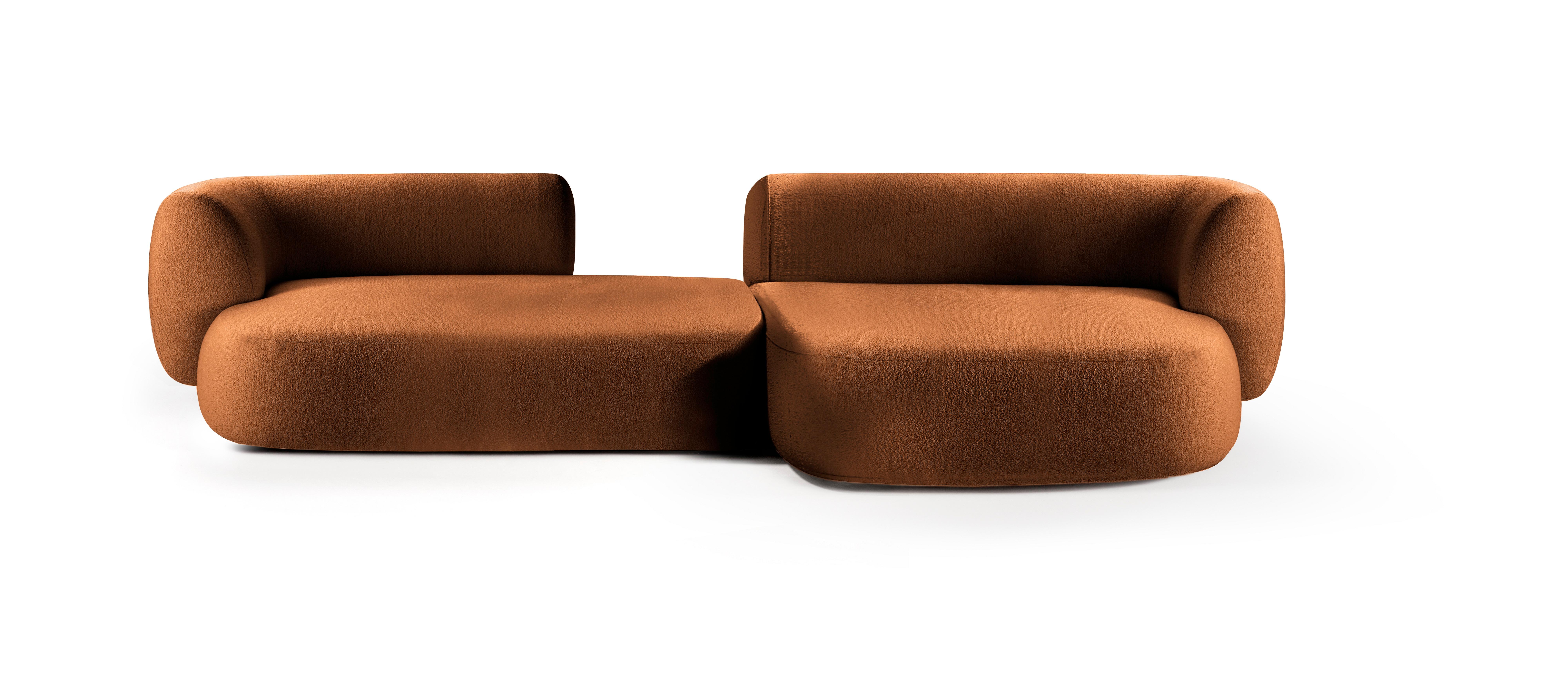 Hug modular sofa by Collector
Dimensions: W 330 x D 160 x H 74 cm.
DX terminal element gap module: W 180 x D 98 cm x H 74.
Chaise longue XL module: W 150 x D 160 x H 74 cm.
Materials: fabric, solid oak wood.

This sofa is composed of one DX