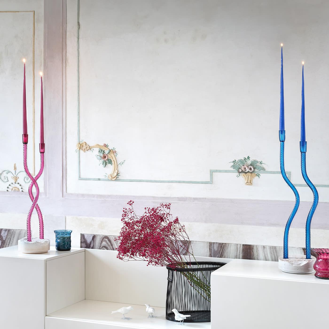 Contemporary Hug of Artisans Ruby Glass Candlestick holder For Sale