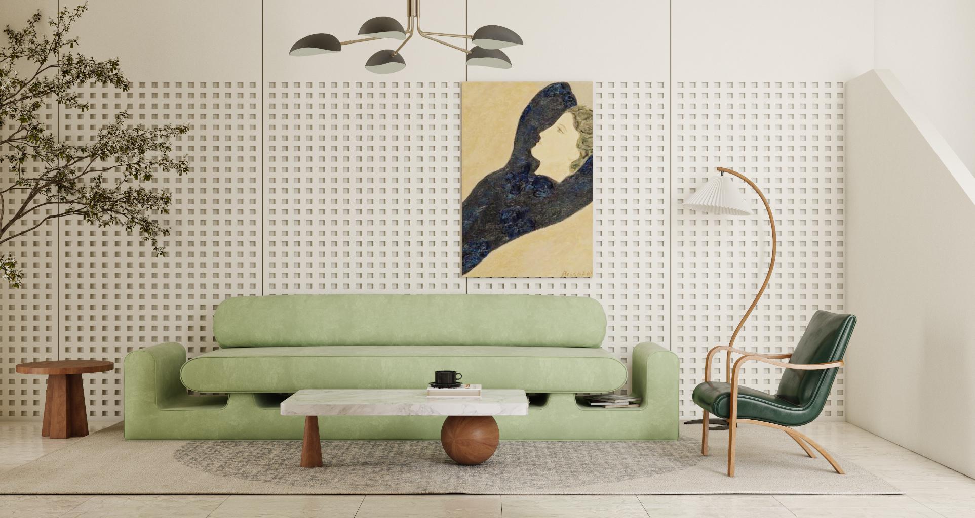 Un abbraccio lungo e confortevole. Il divano abbraccio presenta due accoglienti braccia paffute e un magico spazio pratico per i tuoi libri.
È stato realizzato a mano nel nostro studio. Parte della serie (Topografia del nostro essere