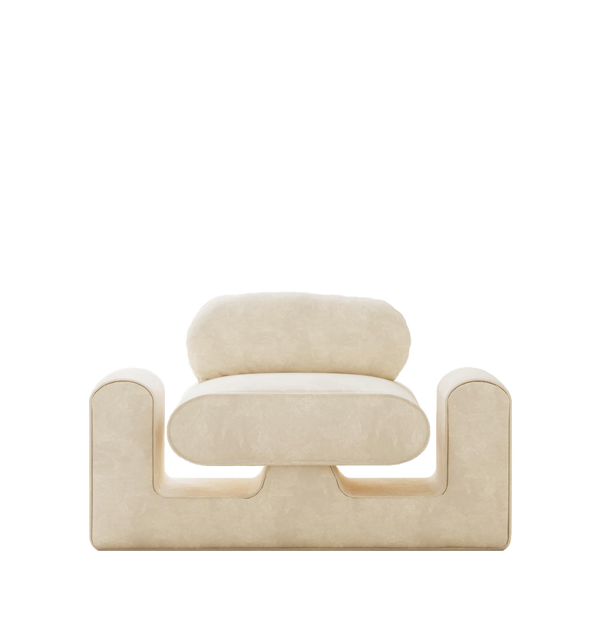 Hug White Chair by Rejo Studio
Dimensions: D 115 x W 70 x H 70 cm
Materials: Wooden structure, with Velvet or silk
Also Available in different colours.

We designed the chair to feel as if you are being embraced by your own world,
in spite of