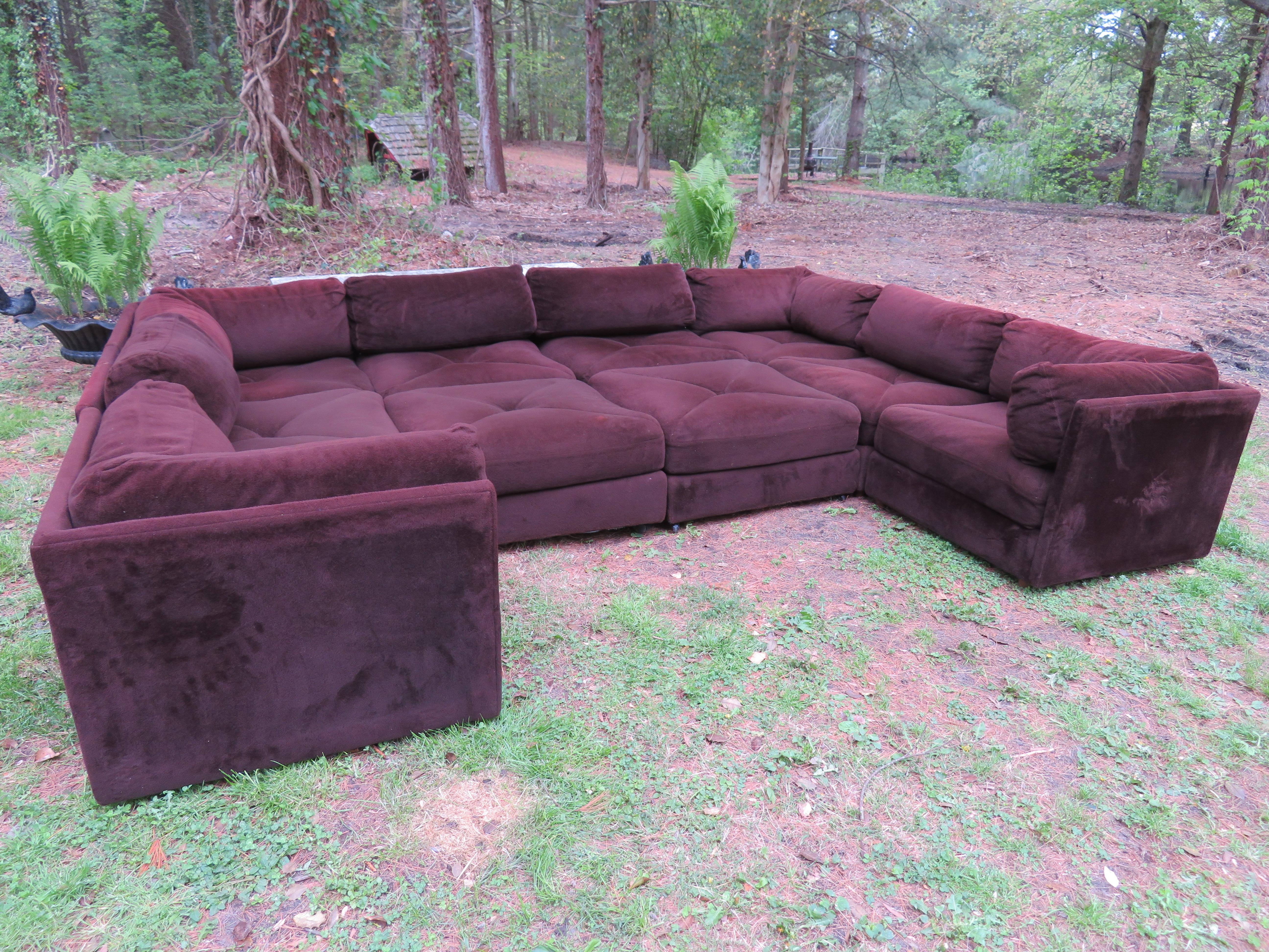 Huge ten-piece Milo Baughman style sectional sofa by Selig. We love this pit style cube sectional sofa and so will you-great for family rooms or man caves. This set includes four corner sections measuring 32