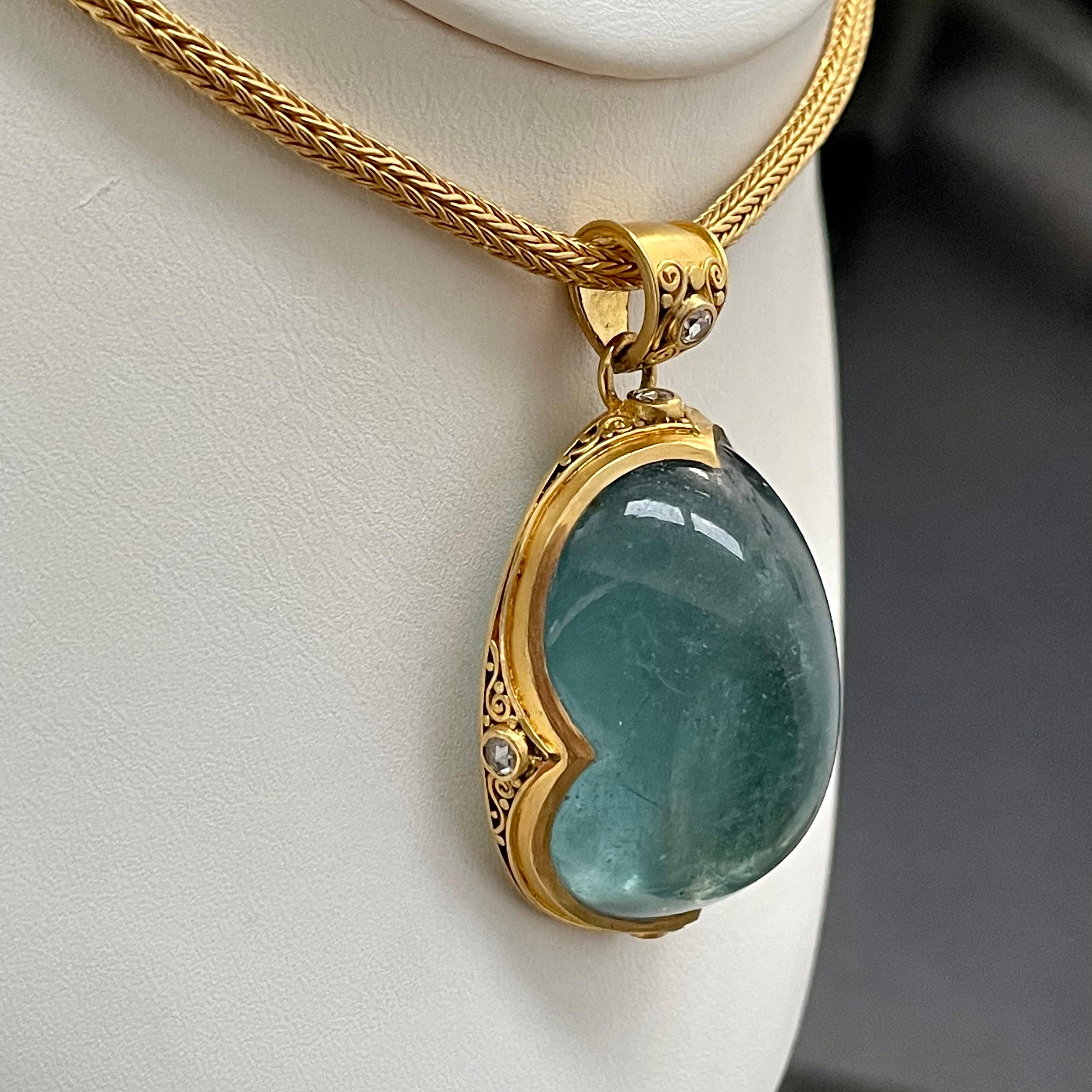 Huge 120.5 Carats Cabochon Aquamarine Diamonds 22k Gold Pendant For Sale 4