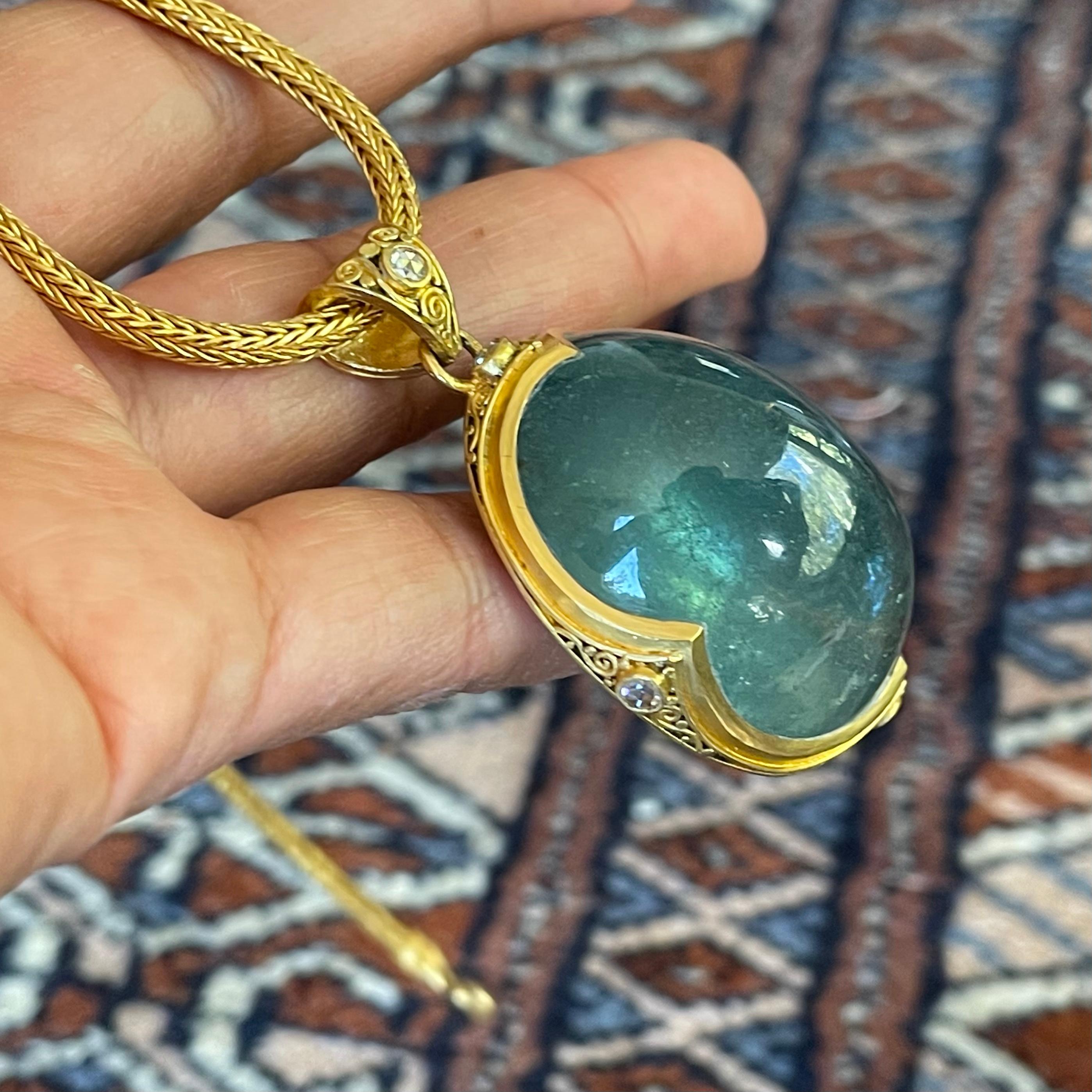 Huge 120.5 Carats Cabochon Aquamarine Diamonds 22k Gold Pendant For Sale 5