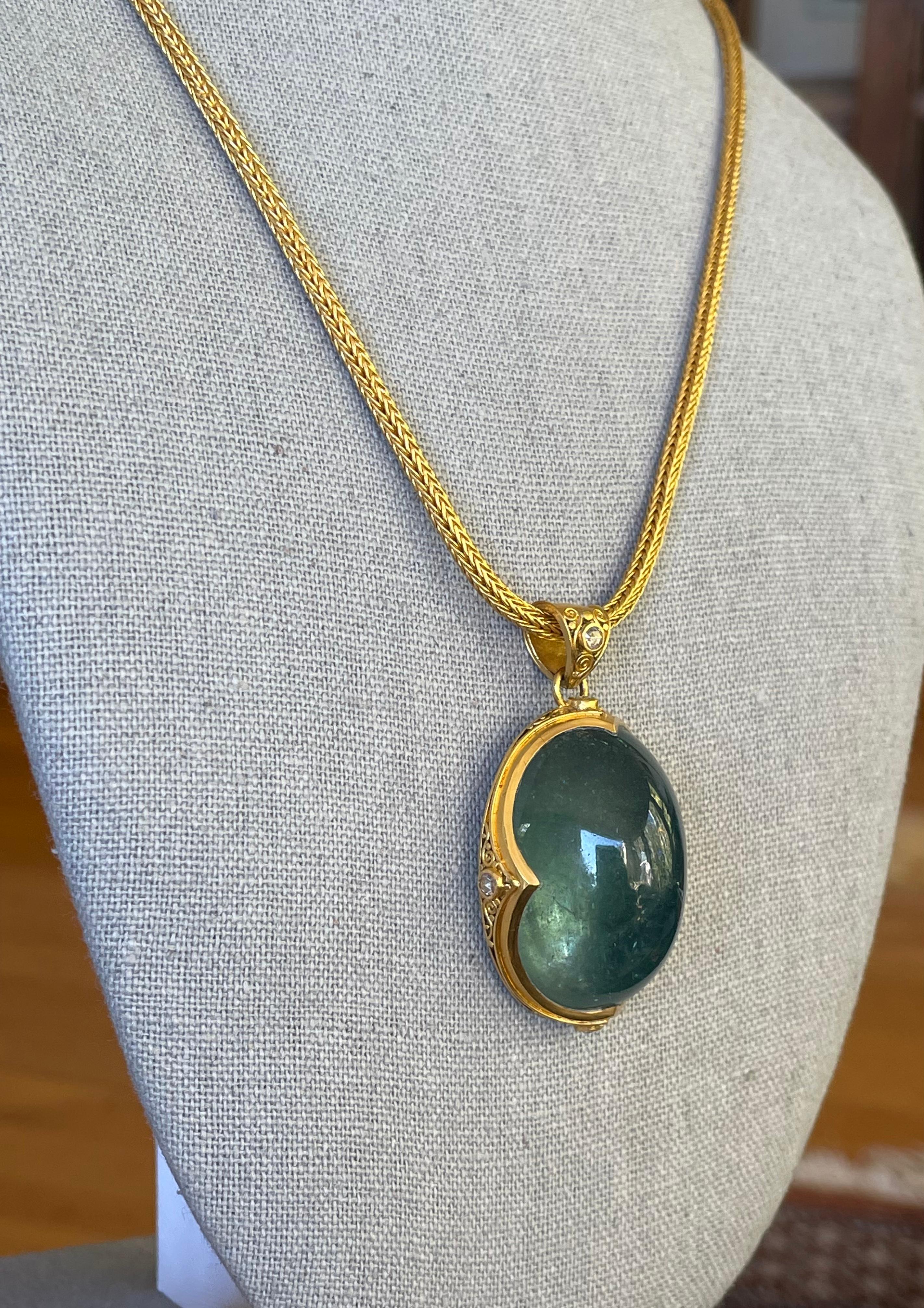 Huge 120.5 Carats Cabochon Aquamarine Diamonds 22k Gold Pendant For Sale 6