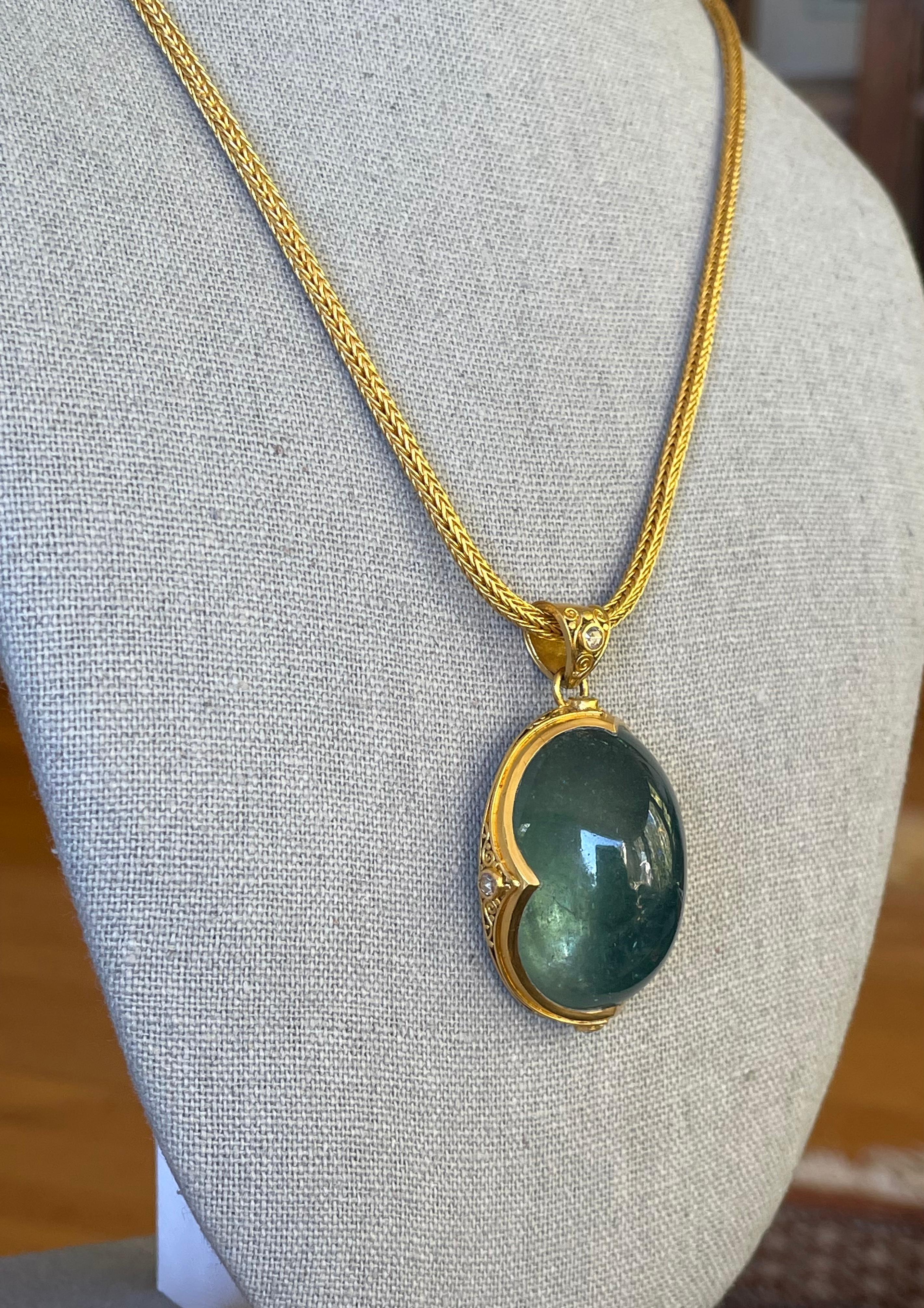 Huge 120.5 Carats Cabochon Aquamarine Diamonds 22k Gold Pendant For Sale 7