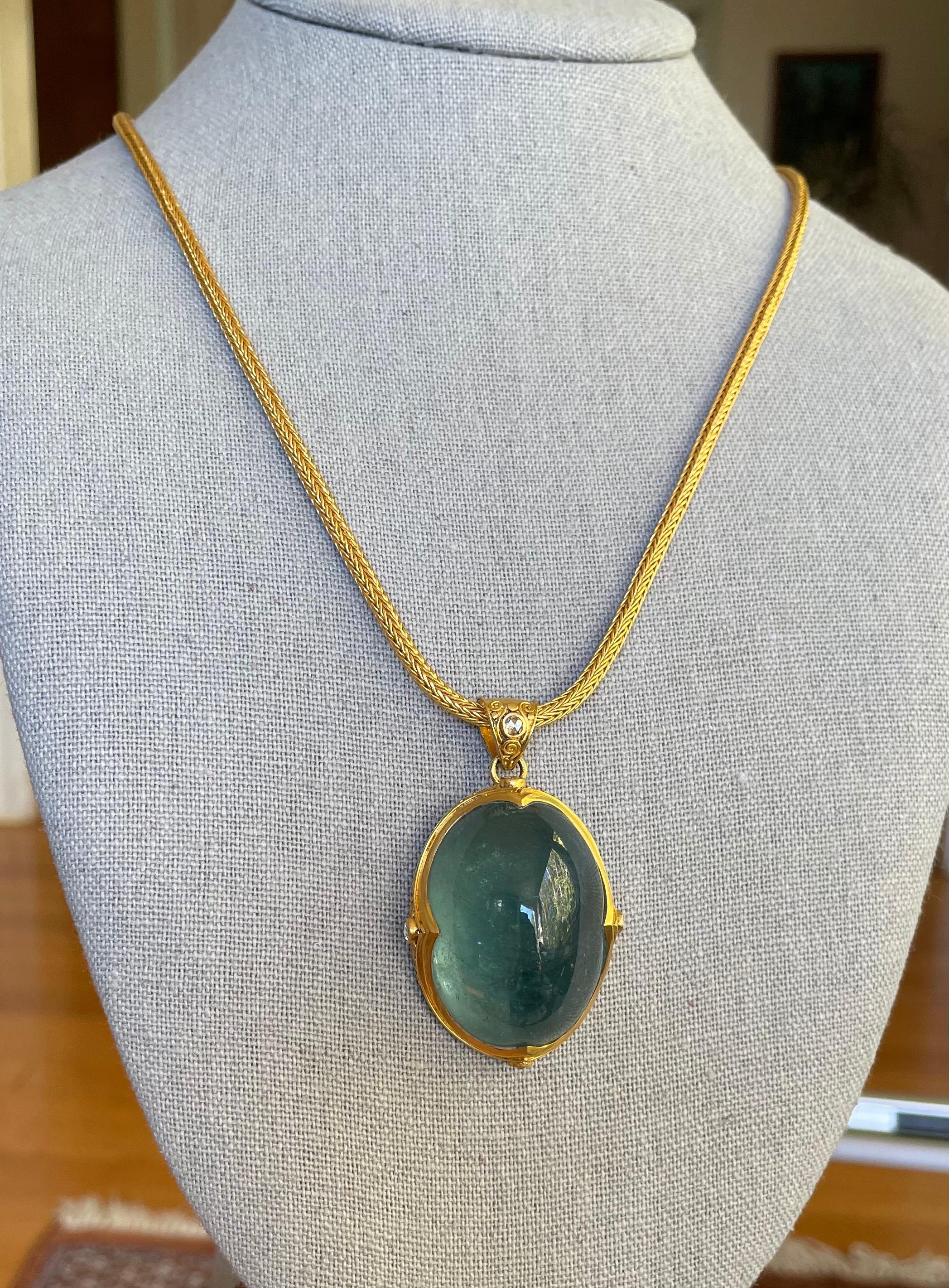 Huge 120.5 Carats Cabochon Aquamarine Diamonds 22k Gold Pendant For Sale 7