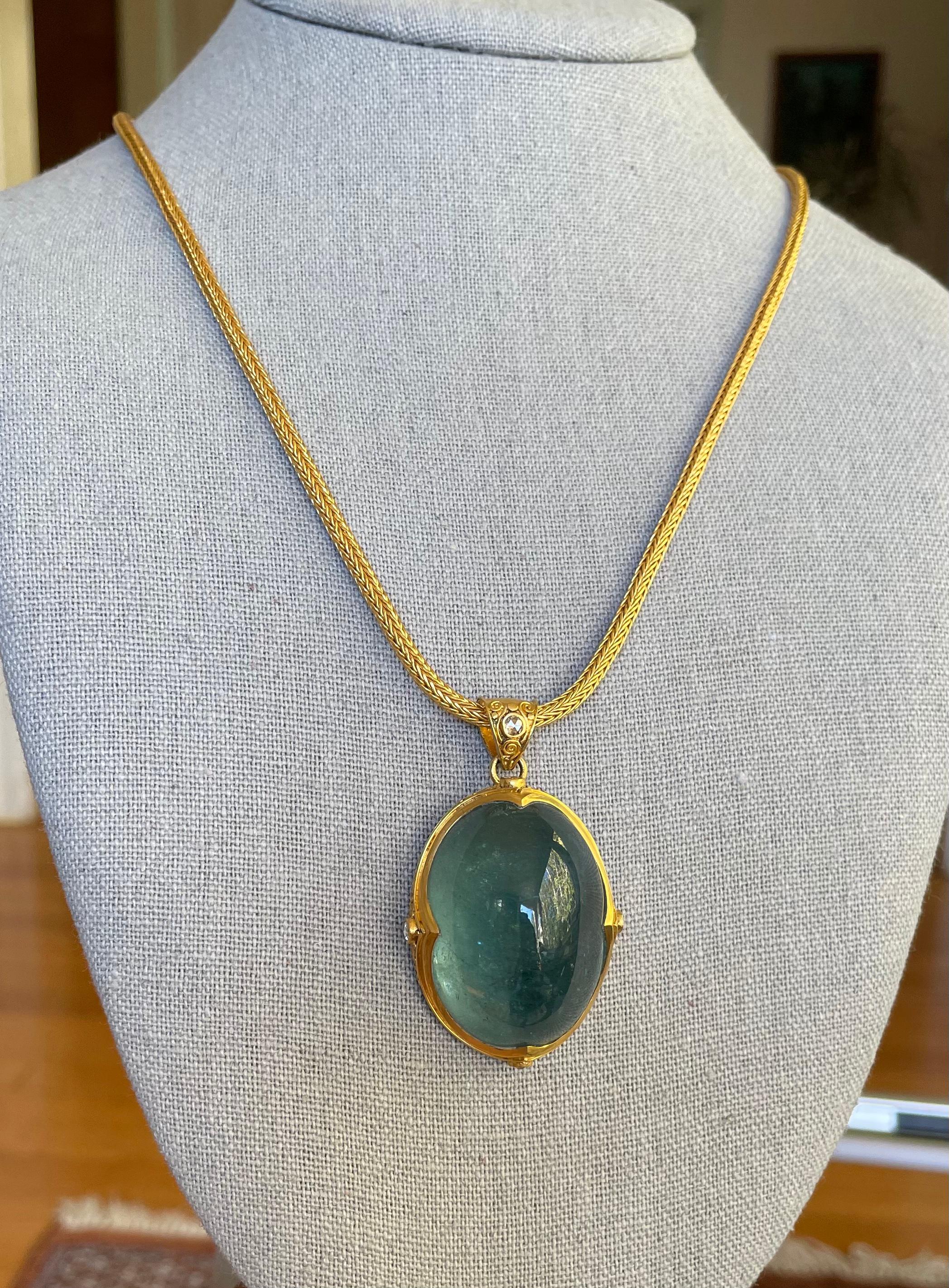 Huge 120.5 Carats Cabochon Aquamarine Diamonds 22k Gold Pendant For Sale 8