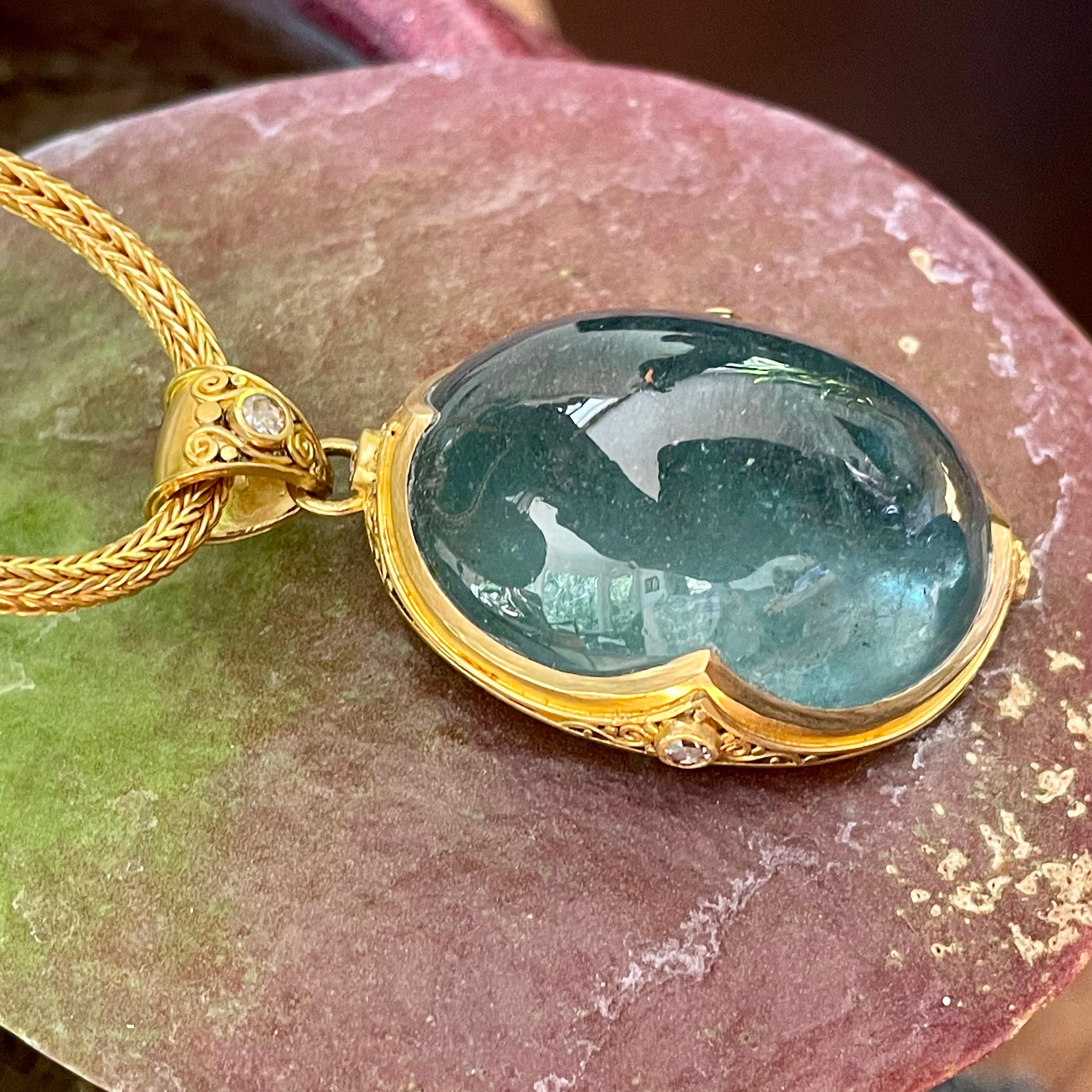 Women's or Men's Huge 120.5 Carats Cabochon Aquamarine Diamonds 22k Gold Pendant For Sale