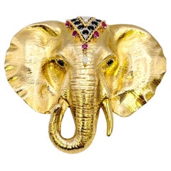 Huge 14 Karat Gold Elephant Head Brooch / Pendant with Diamond, Ruby, Sapphire