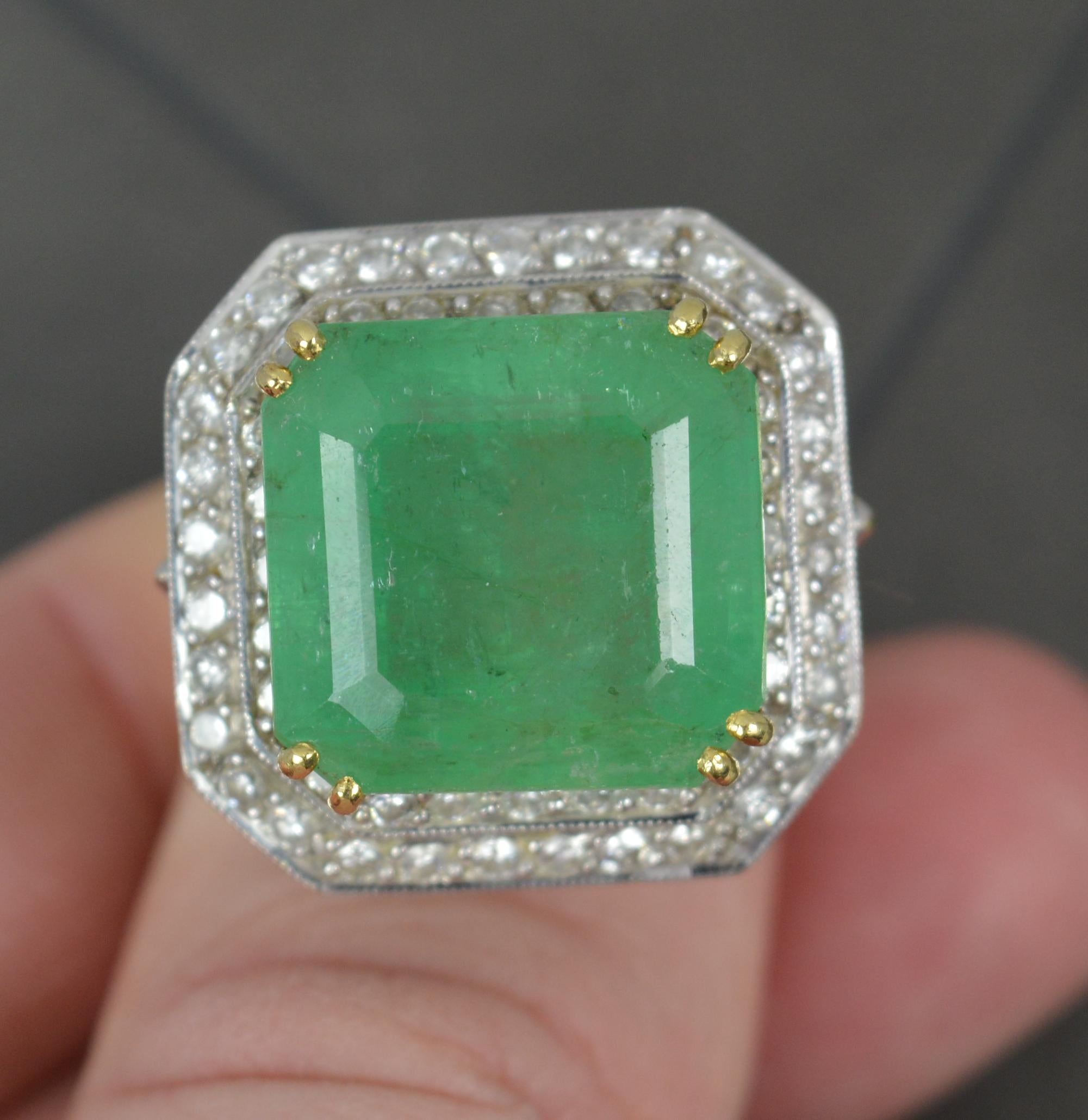 Huge 15 Carat Emerald and 1Carat Diamond 18 Carat Gold Cluster Cocktail Ring In Excellent Condition For Sale In St Helens, GB