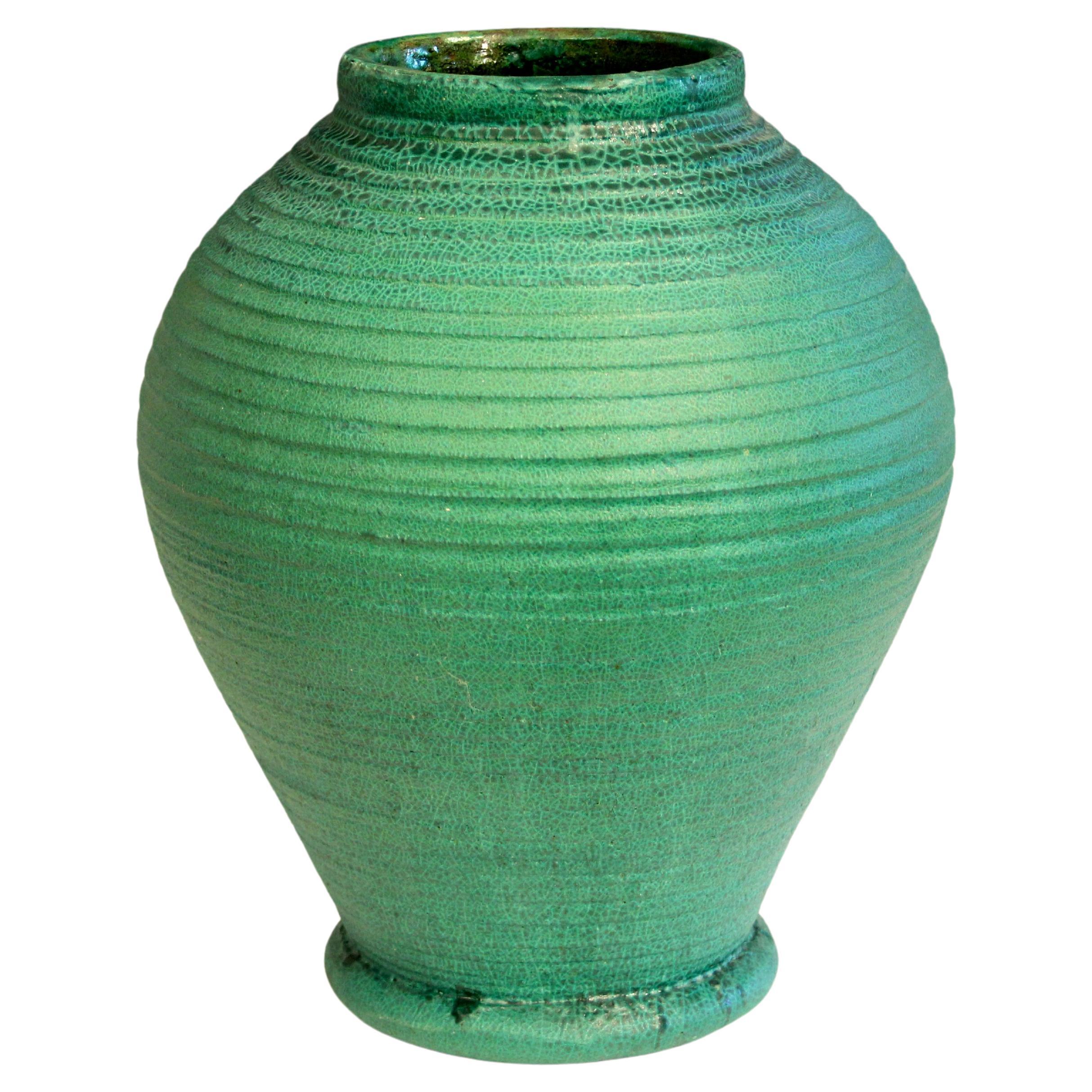 Huge 15" Merrimac Pottery Matt Green Arts & Crafts Ribbed Turned Antique Vase For Sale