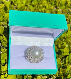 Huge 15 Millimeter AAA White South Sea Pearl & Diamond 18 Karat White Gold Ring