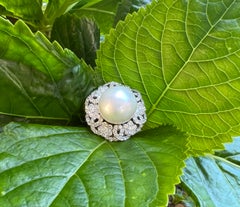 Huge 15 Millimeter AAA White South Sea Pearl & Diamond 18 Karat White Gold Ring