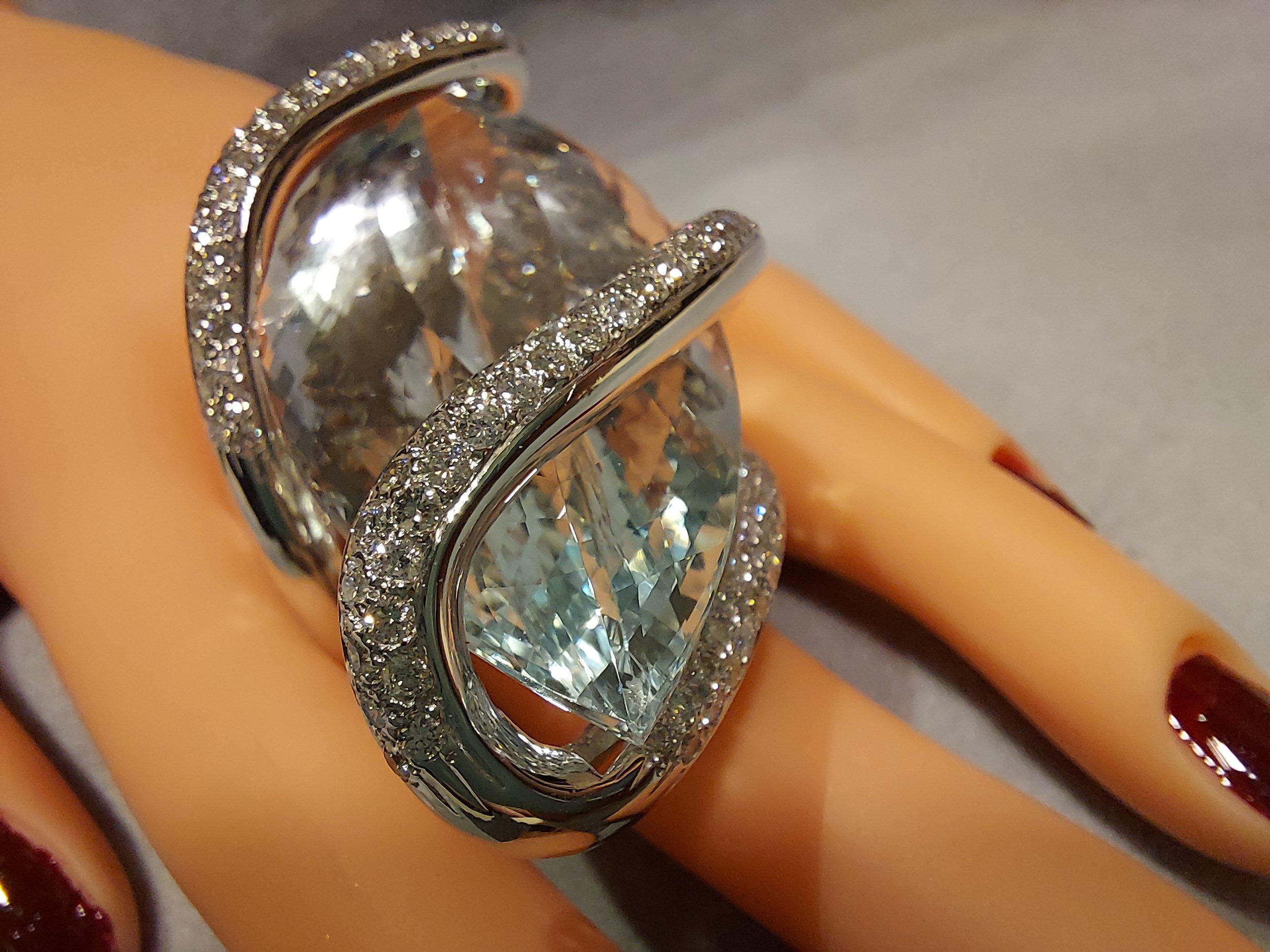 18kt White Gold Huge 150ct Marquise Cut Aquamarine Ring with 3.85ct Diamonds For Sale 9
