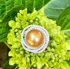 Huge 16.5 Millimeter Golden South Sea Pearl and Diamond 18 Karat White Gold Ring