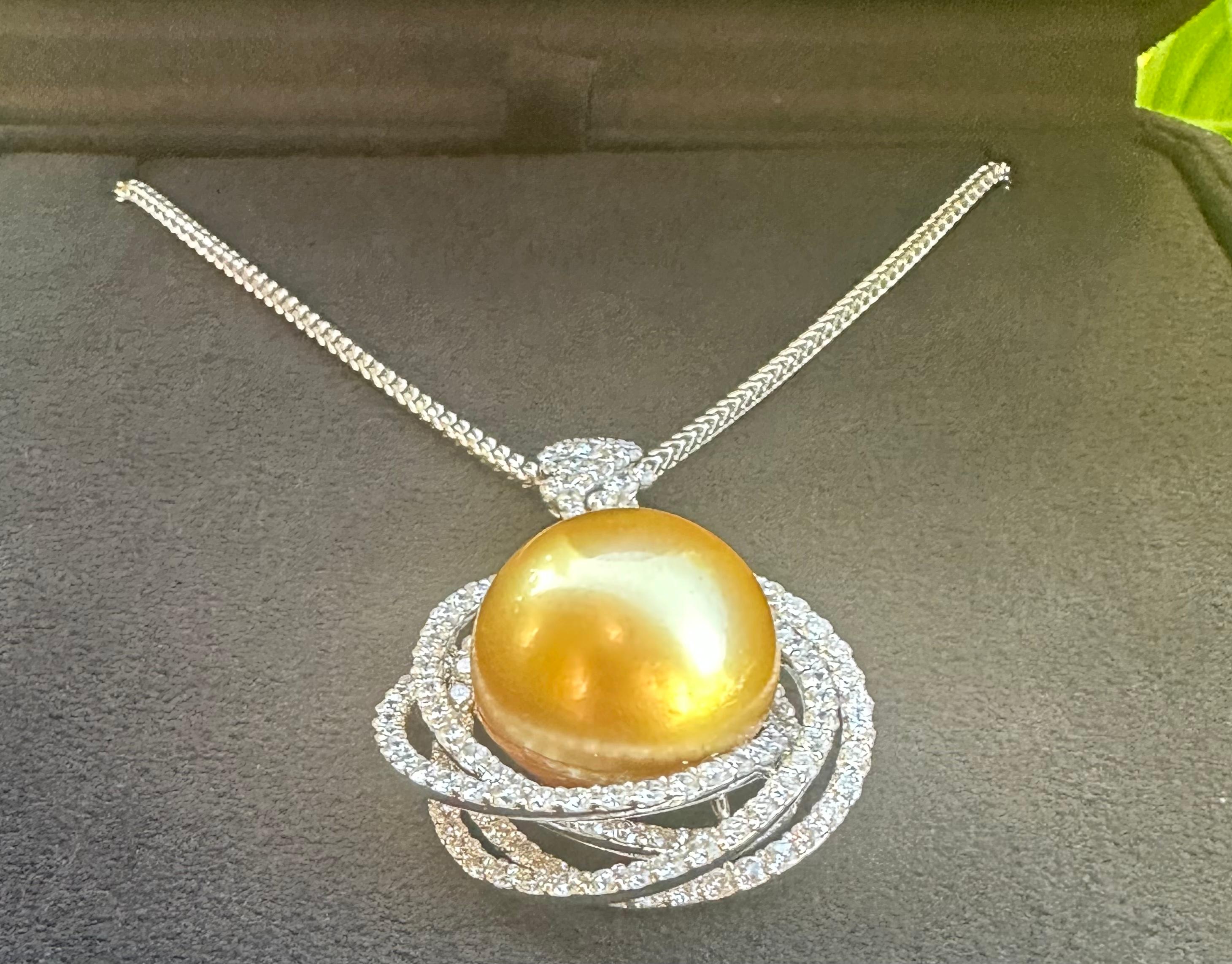 Artisan Huge 16.75 MM Golden South Sea Pearl 6.19 Carat Diamond 18k White Gold Necklace