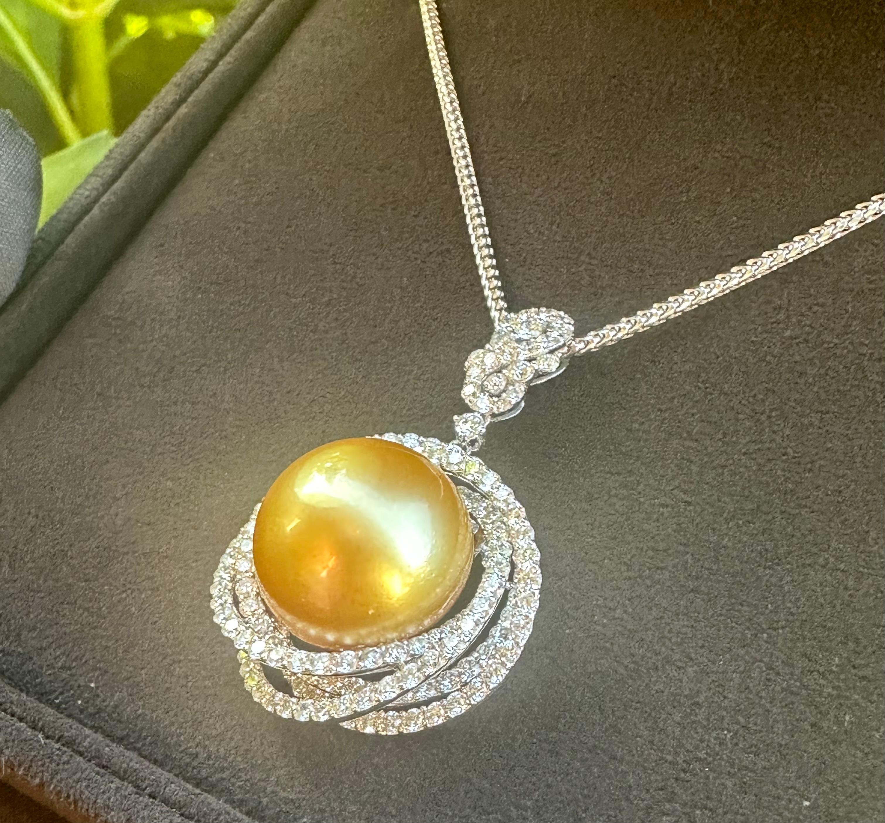 Round Cut Huge 16.75 MM Golden South Sea Pearl 6.19 Carat Diamond 18k White Gold Necklace