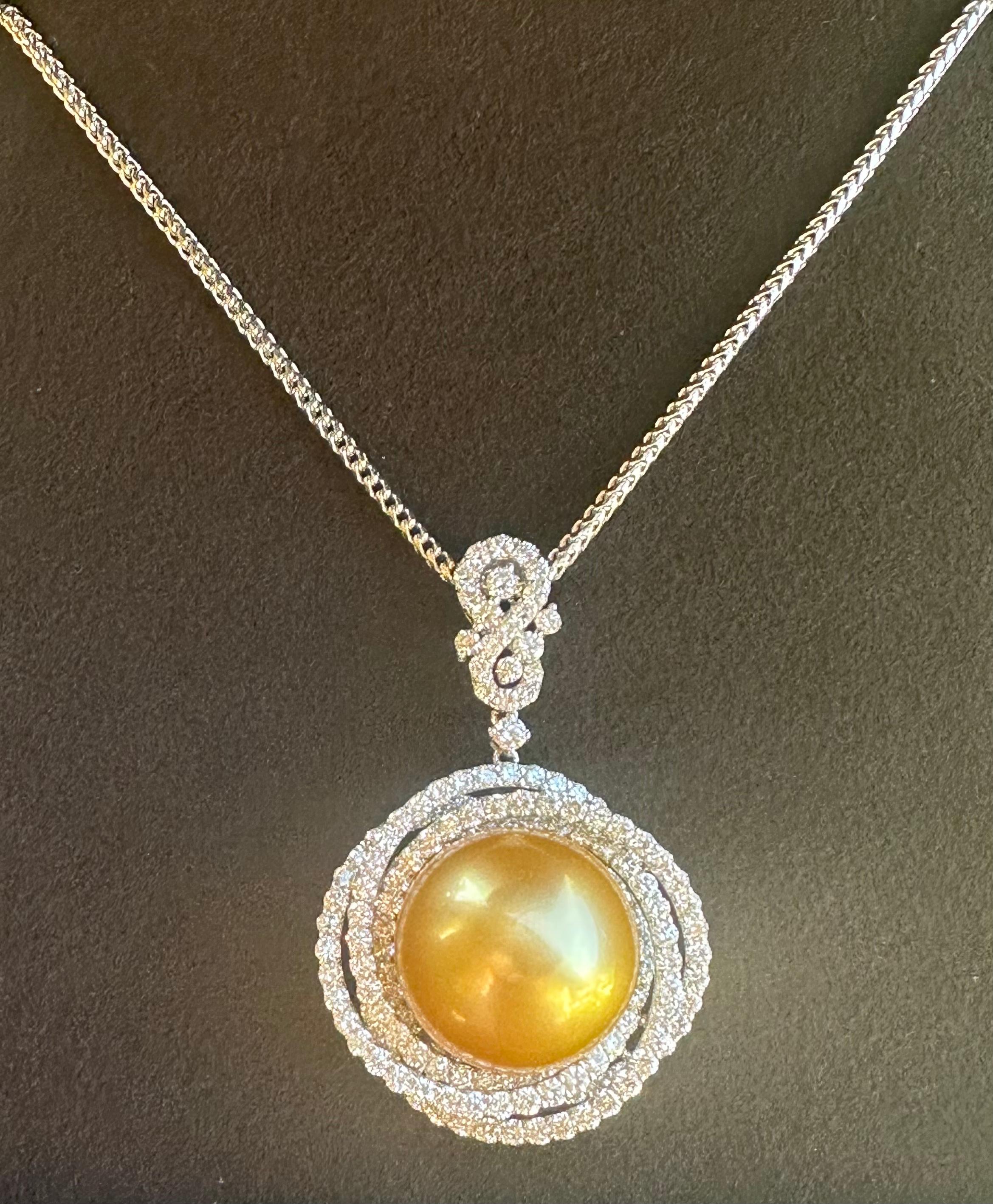 Women's Huge 16.75 MM Golden South Sea Pearl 6.19 Carat Diamond 18k White Gold Necklace
