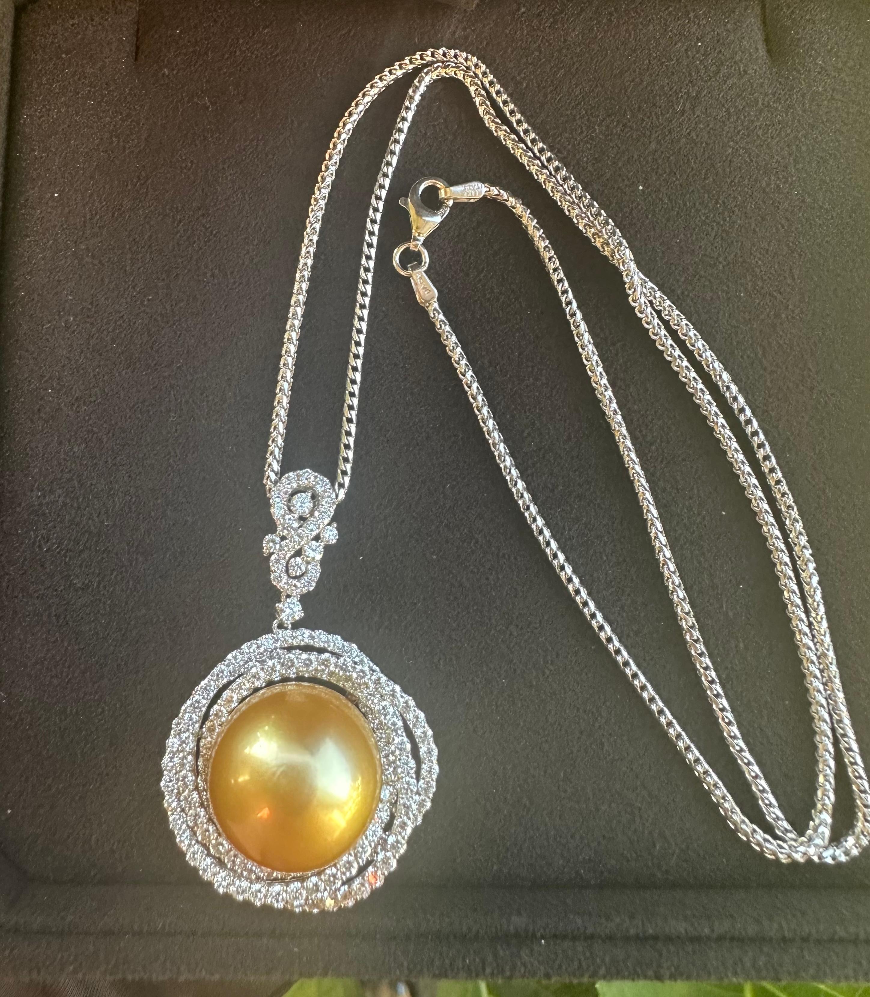 Huge 16.75 MM Golden South Sea Pearl 6.19 Carat Diamond 18k White Gold Necklace 1