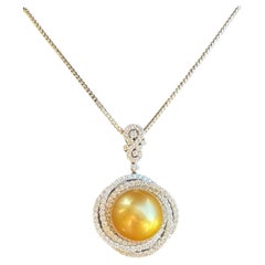 Huge 16.75 MM Golden South Sea Pearl 6.19 Carat Diamond 18k White Gold Necklace