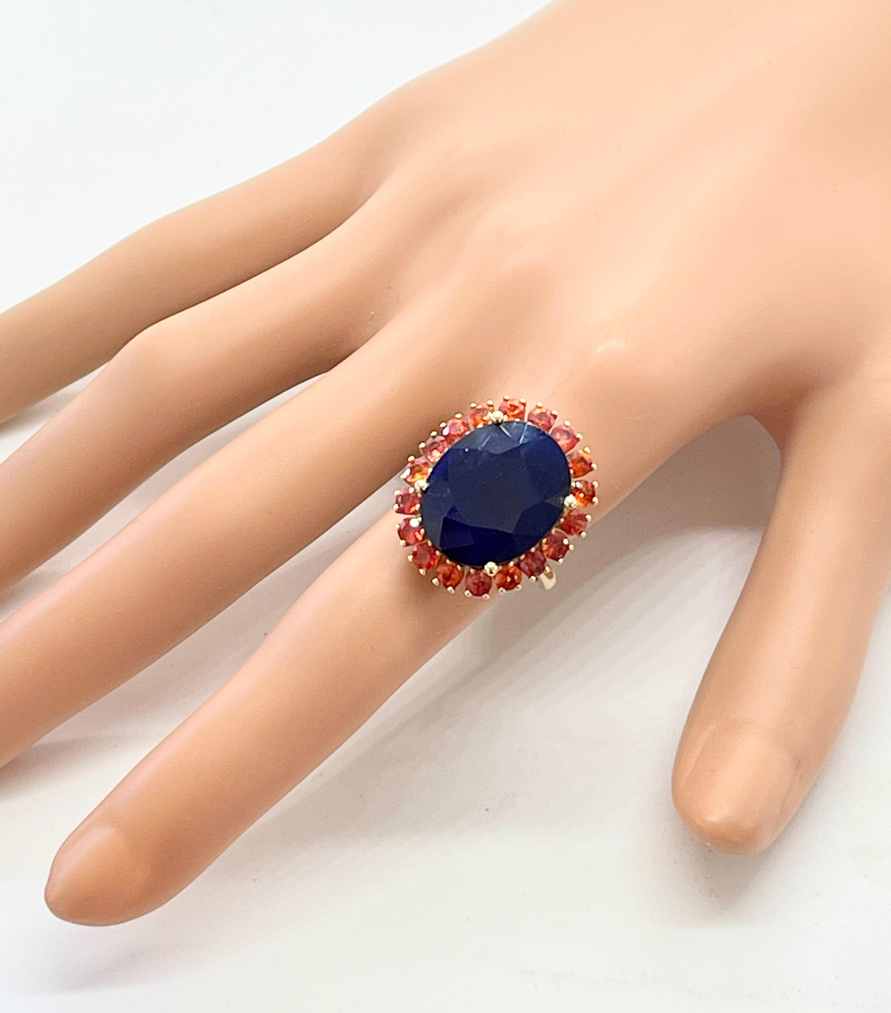 Huge 16ct Natural Blue Sapphire with Orange Sapphire Halo Ring 10ct Yellow Gold For Sale 6