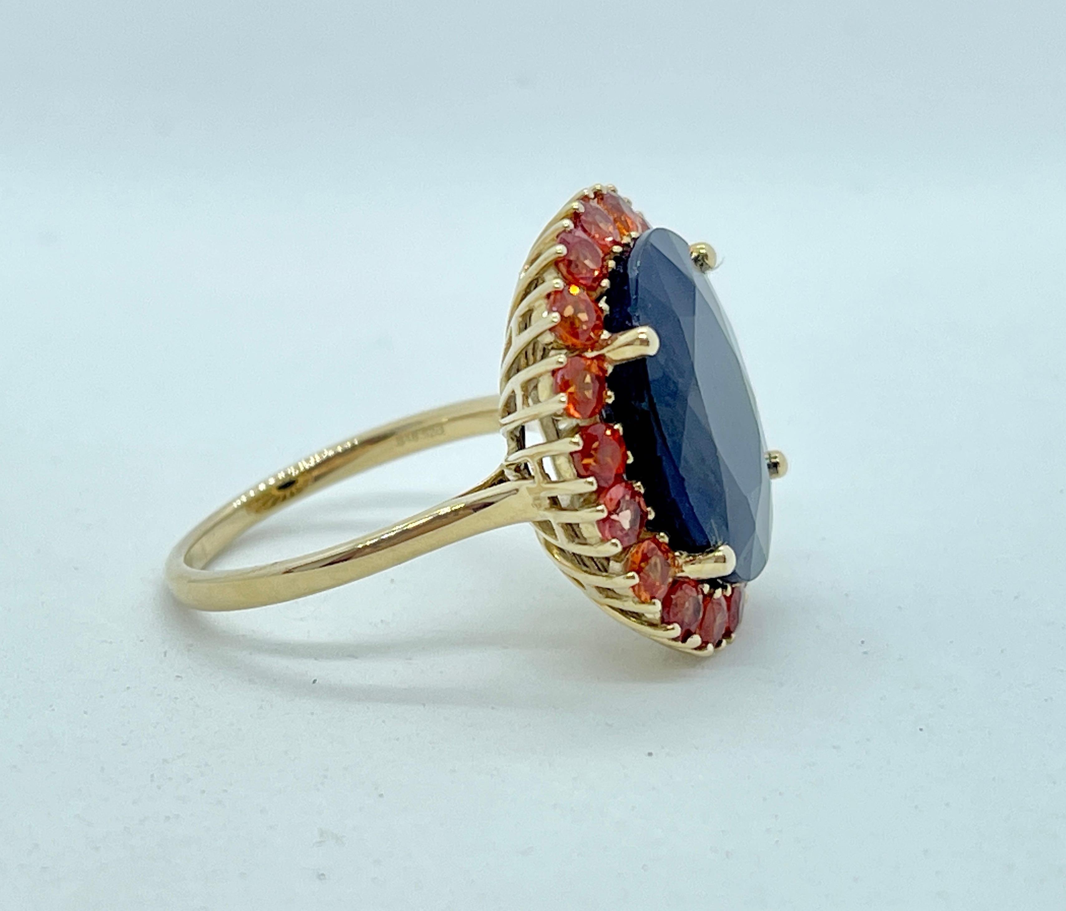 Huge 16ct Natural Blue Sapphire with Orange Sapphire Halo Ring 10ct Yellow Gold For Sale 8