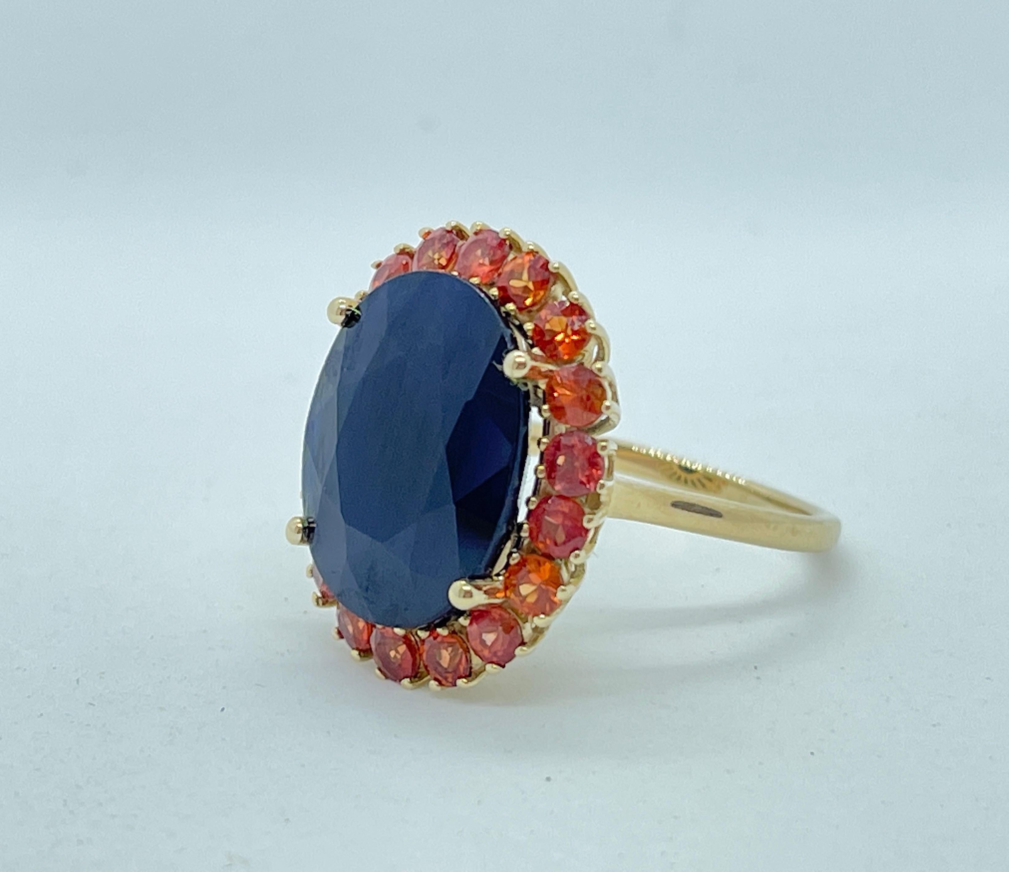 Huge 16ct Natural Blue Sapphire with Orange Sapphire Halo Ring 10ct Yellow Gold For Sale 10