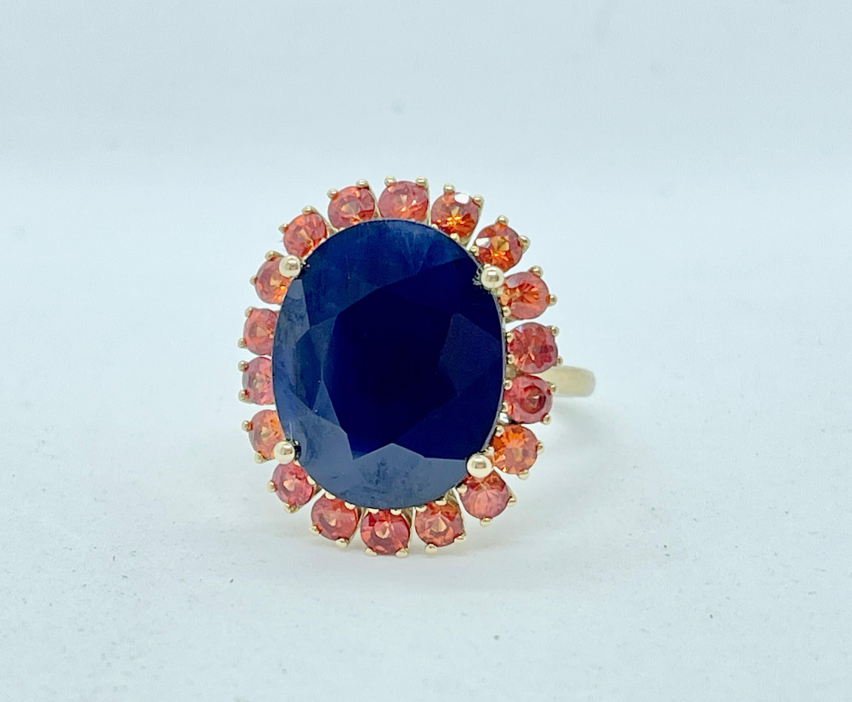 Huge 16ct Natural Blue Sapphire with Orange Sapphire Halo Ring 10ct Yellow Gold For Sale 11