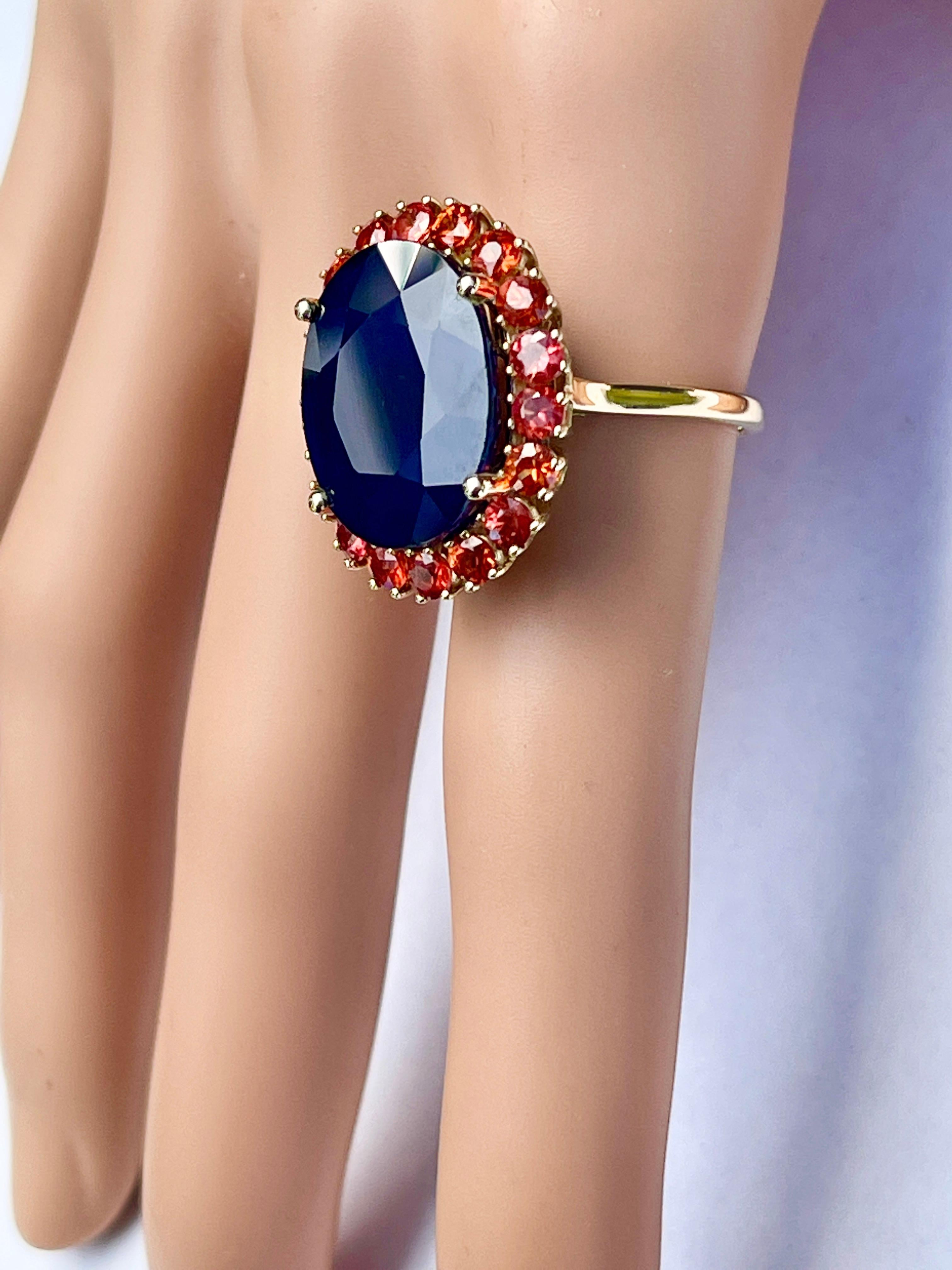Oval Cut Huge 16ct Natural Blue Sapphire with Orange Sapphire Halo Ring 10ct Yellow Gold For Sale