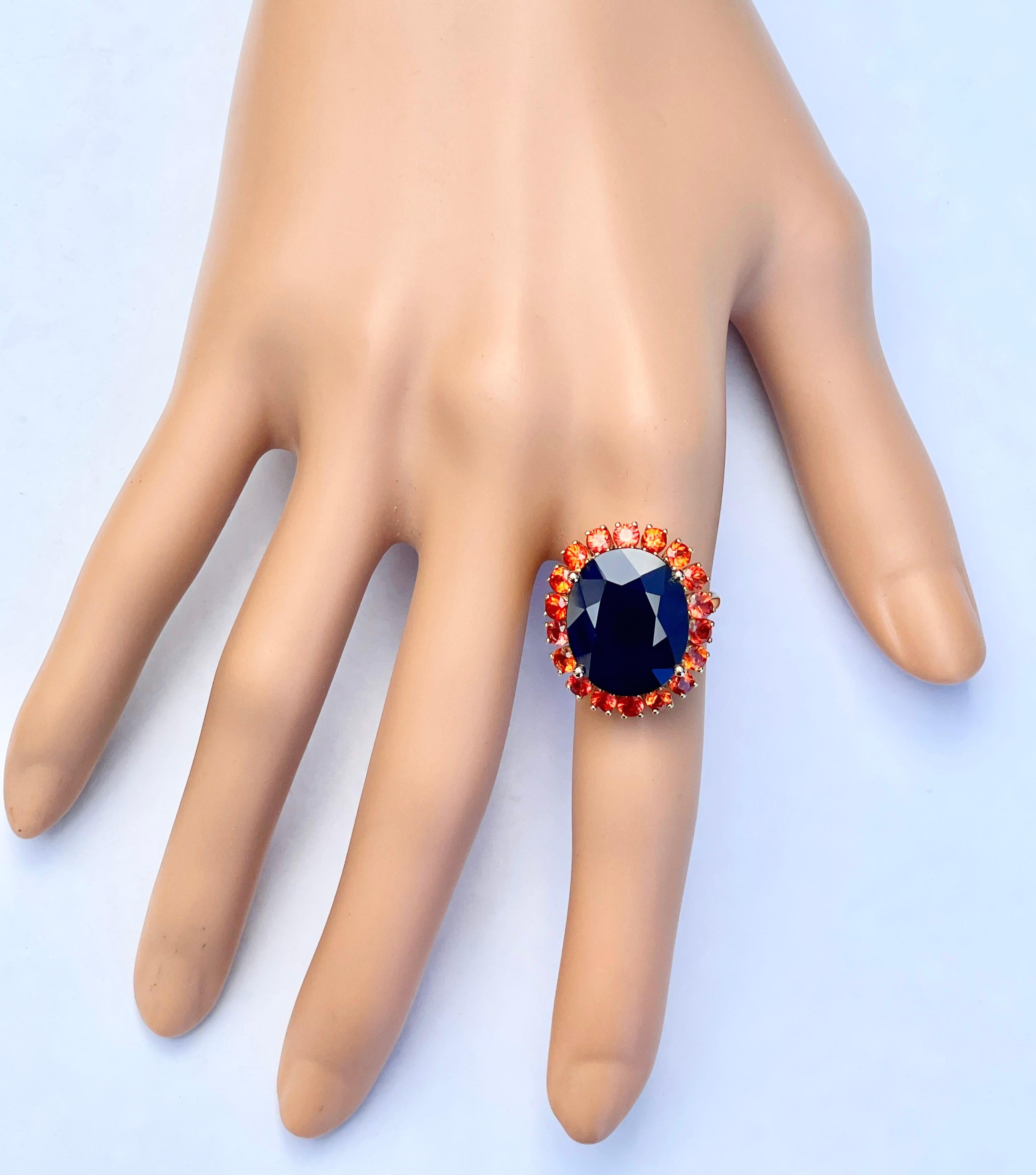 Huge 16ct Natural Blue Sapphire with Orange Sapphire Halo Ring 10ct Yellow Gold For Sale 1