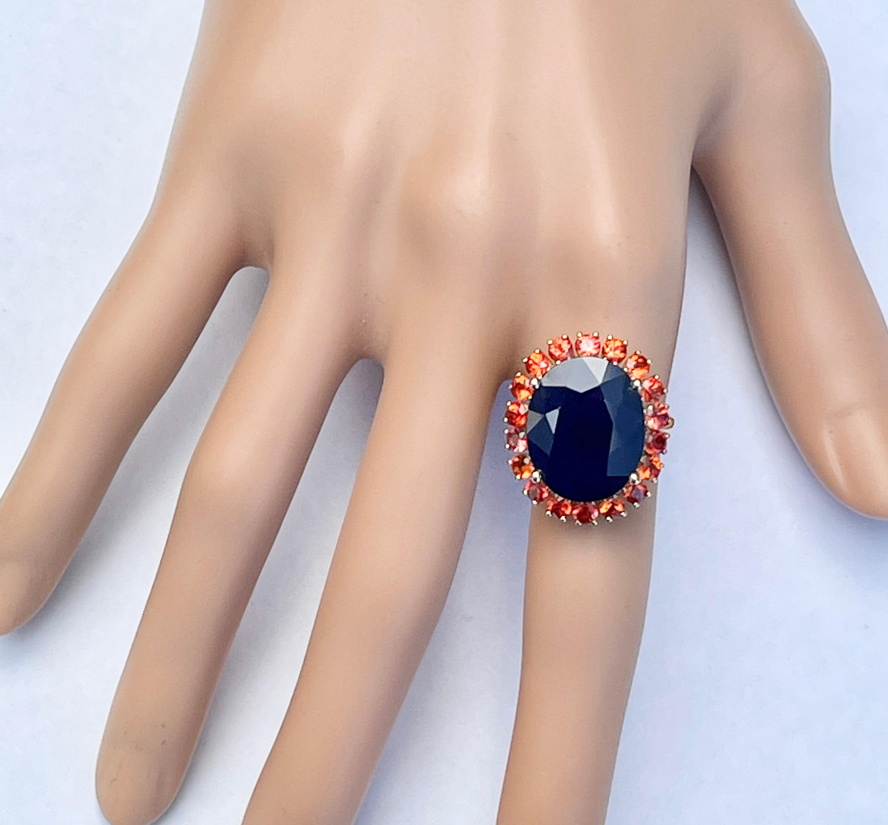 Huge 16ct Natural Blue Sapphire with Orange Sapphire Halo Ring 10ct Yellow Gold For Sale 3