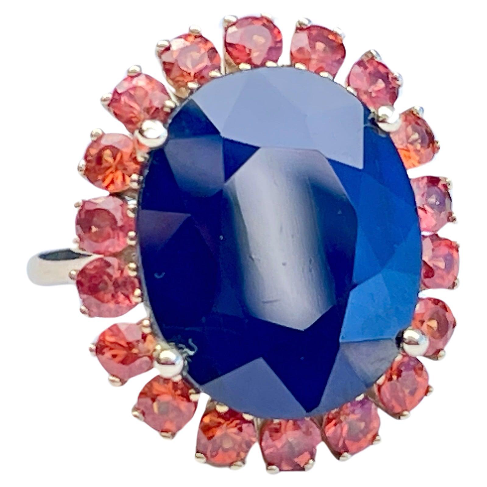 Huge 16ct Natural Blue Sapphire with Orange Sapphire Halo Ring 10ct Yellow Gold For Sale
