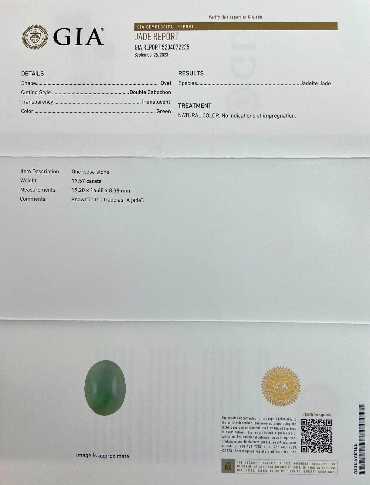 Énorme 17.57Ct GIA Certified Green Jade Jade 'A' Grade Oval Cabochon Rare Gem en vente 1