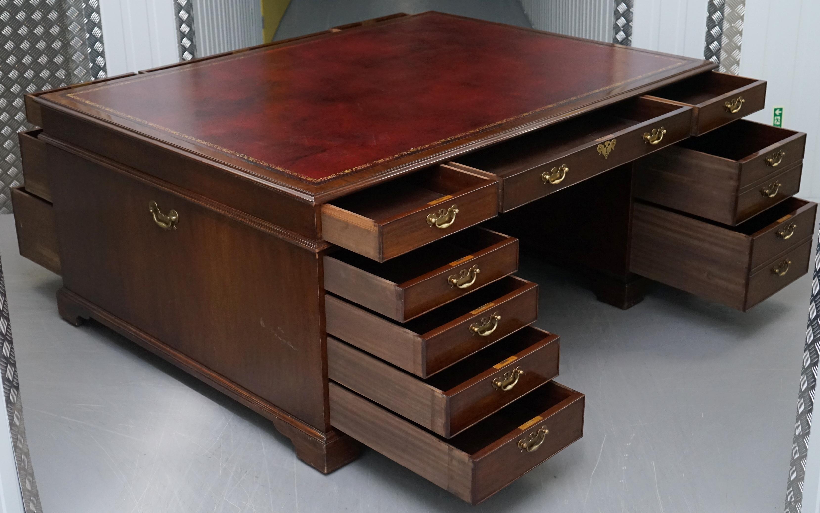 Huge 18 Drawer Double Sided Twin Pedestal Partner Desk Mahogany Oxblood Leather 7