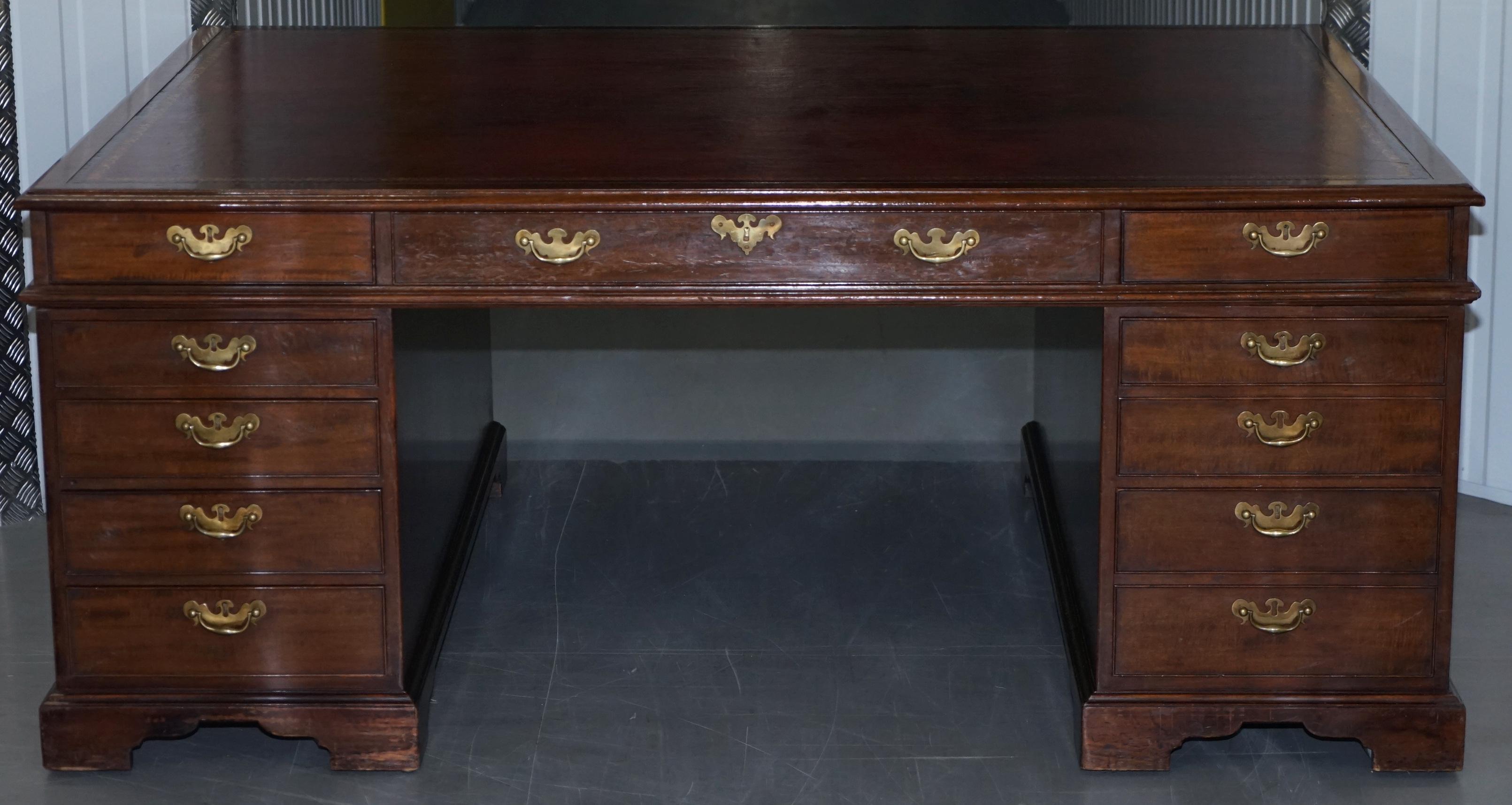 Victorian Huge 18 Drawer Double Sided Twin Pedestal Partner Desk Mahogany Oxblood Leather