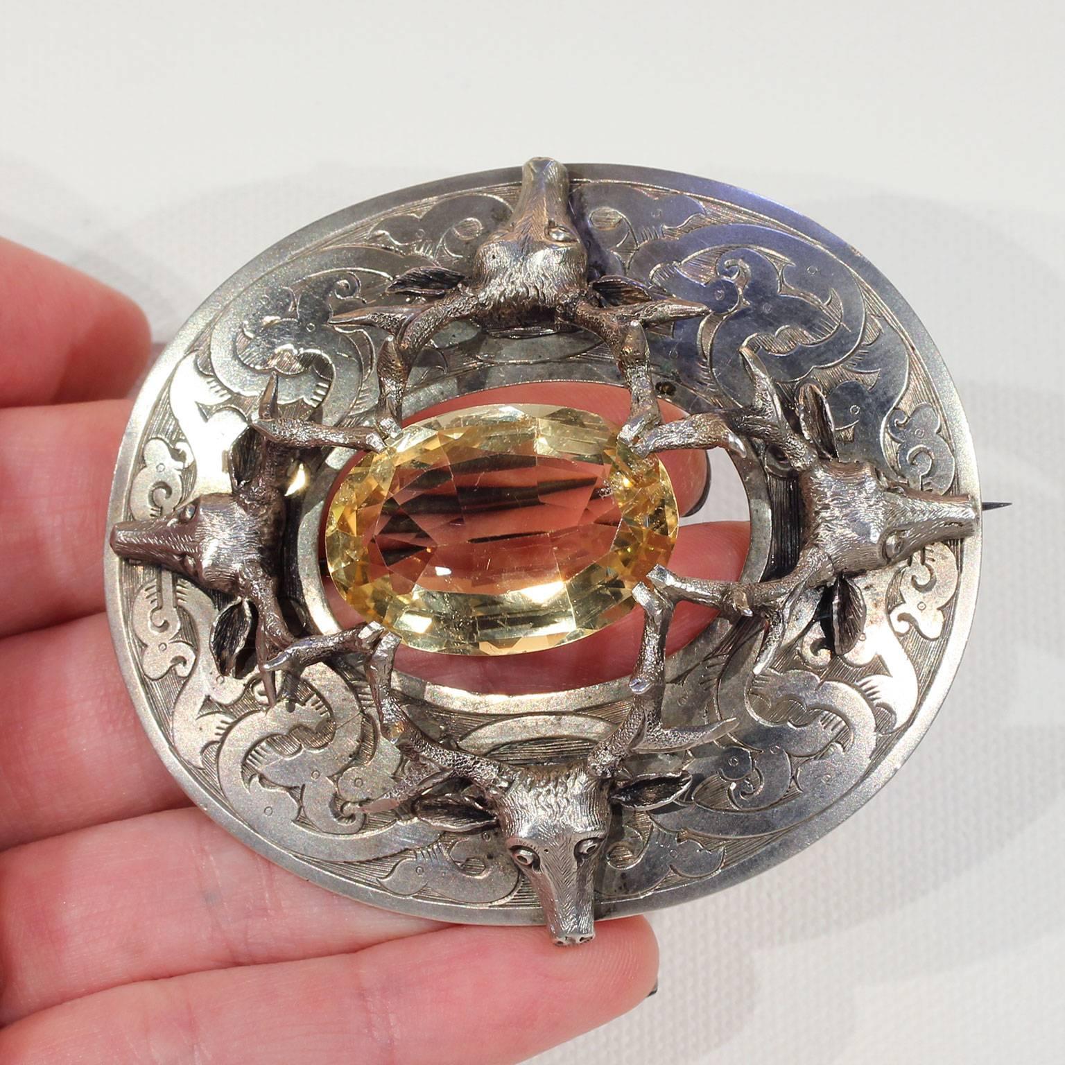 Victorian Huge 1850s Silver Deer Head Citrine Scottish Brooch Pin For Sale