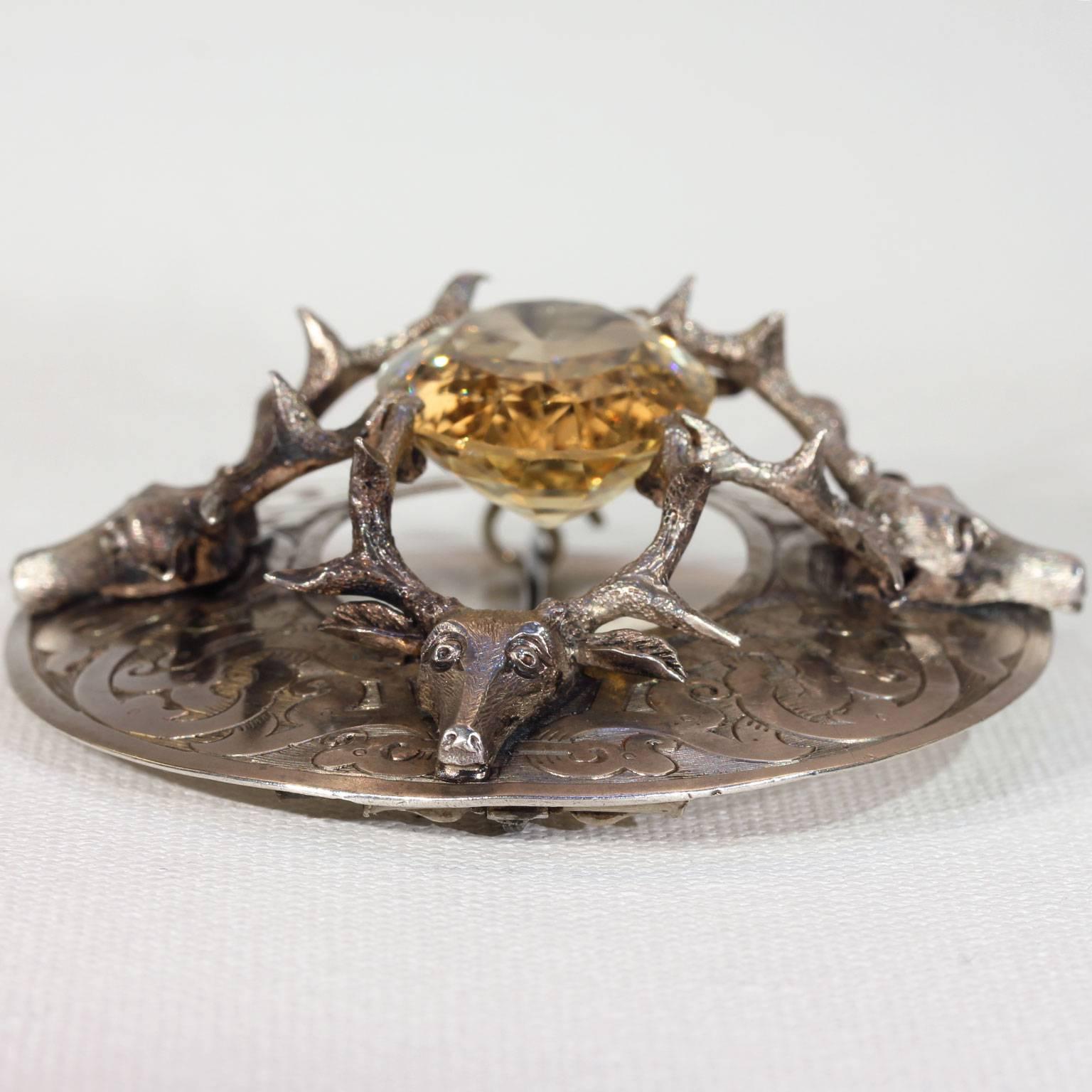 Oval Cut Huge 1850s Silver Deer Head Citrine Scottish Brooch Pin For Sale