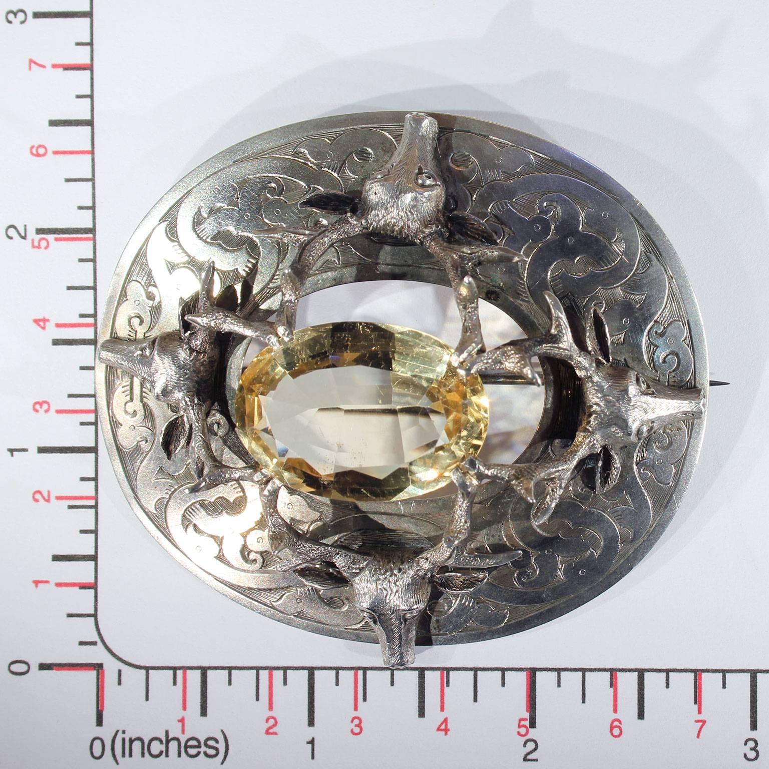 Huge 1850s Silver Deer Head Citrine Scottish Brooch Pin For Sale 2