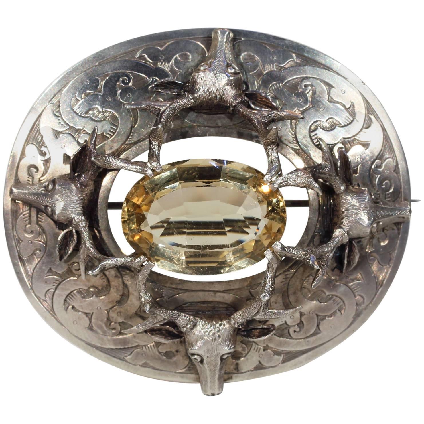 Huge 1850s Silver Deer Head Citrine Scottish Brooch Pin For Sale