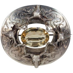 Huge 1850s Silver Deer Head Citrine Scottish Brooch Pin