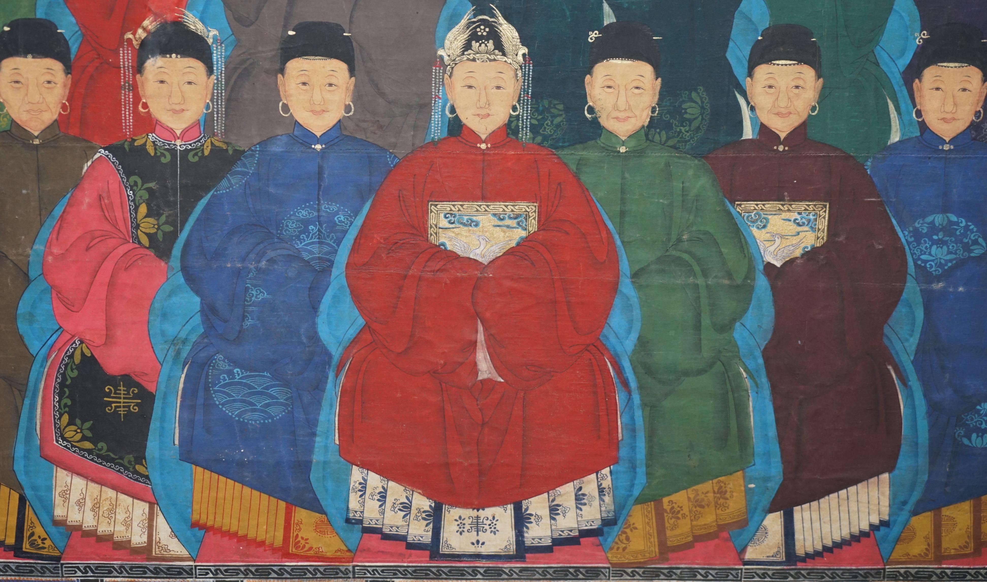 Huge 1880 Chinese Ancestral Portrait Painting Oil Scroll Canvas Part of Suite In Good Condition In West Sussex, Pulborough