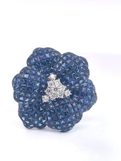 Huge 18K Gold Sapphire and Diamond Flower Cocktail Ring, Italy
