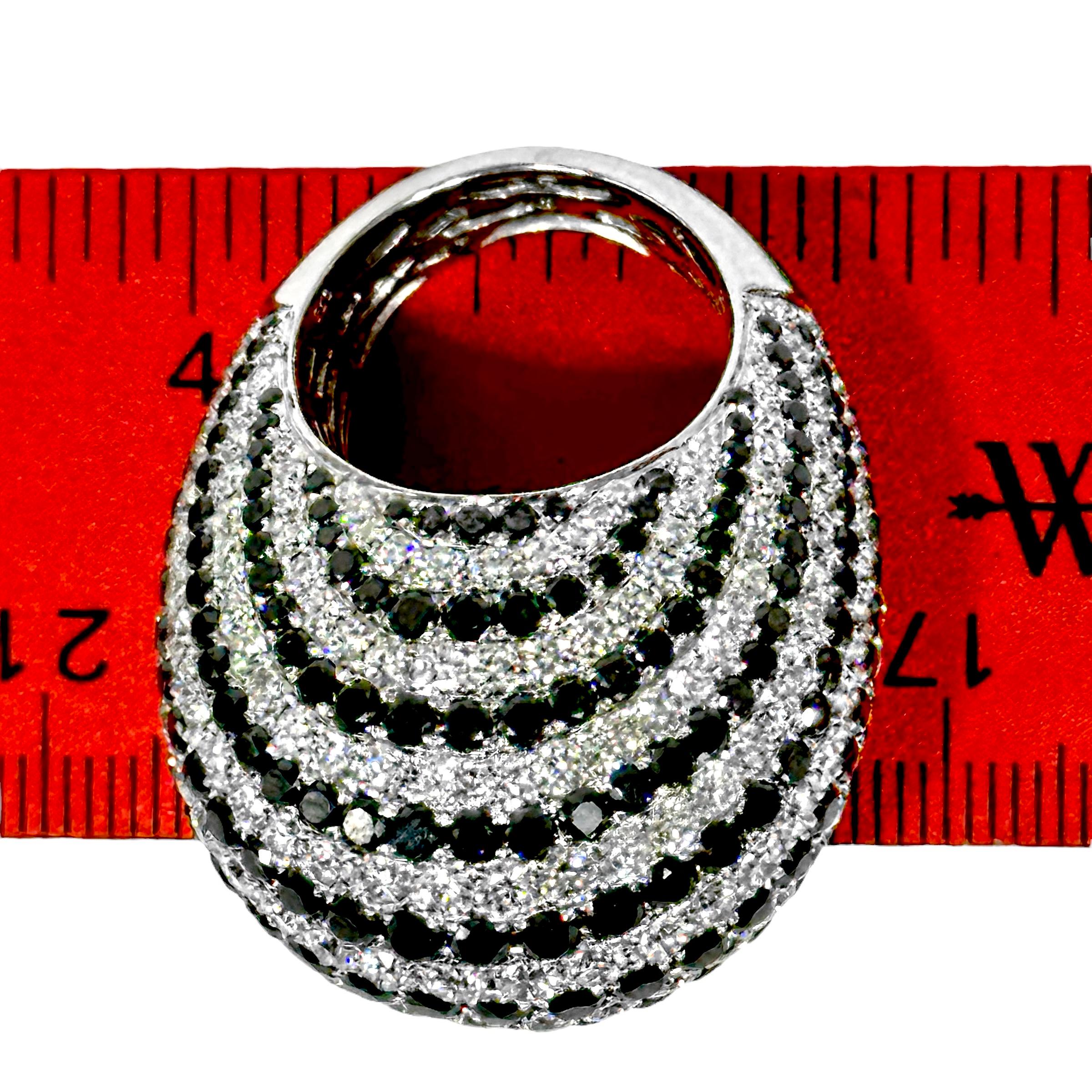 Huge 18K White Gold Dome Ring with apprx. 17cts of Black & White Diamond Stripes For Sale 5