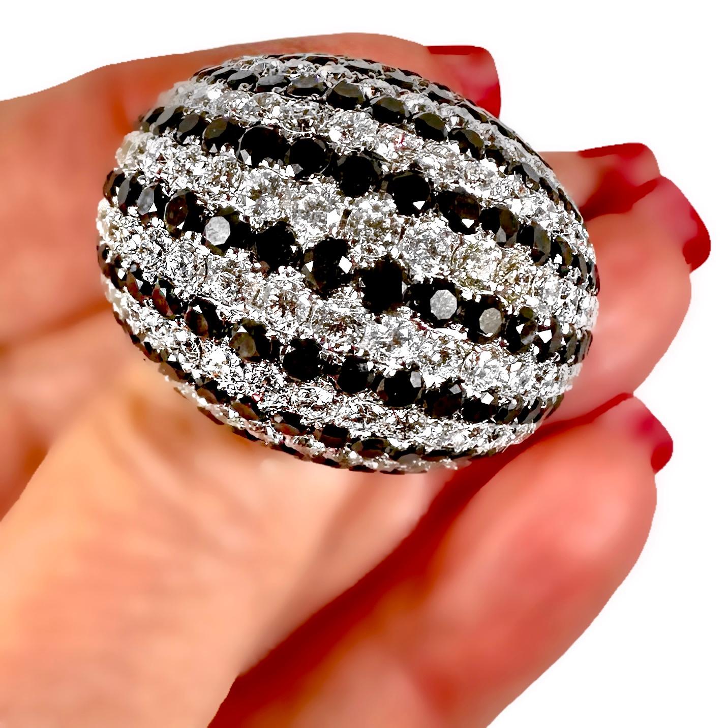 Huge 18K White Gold Dome Ring with apprx. 17cts of Black & White Diamond Stripes For Sale 7